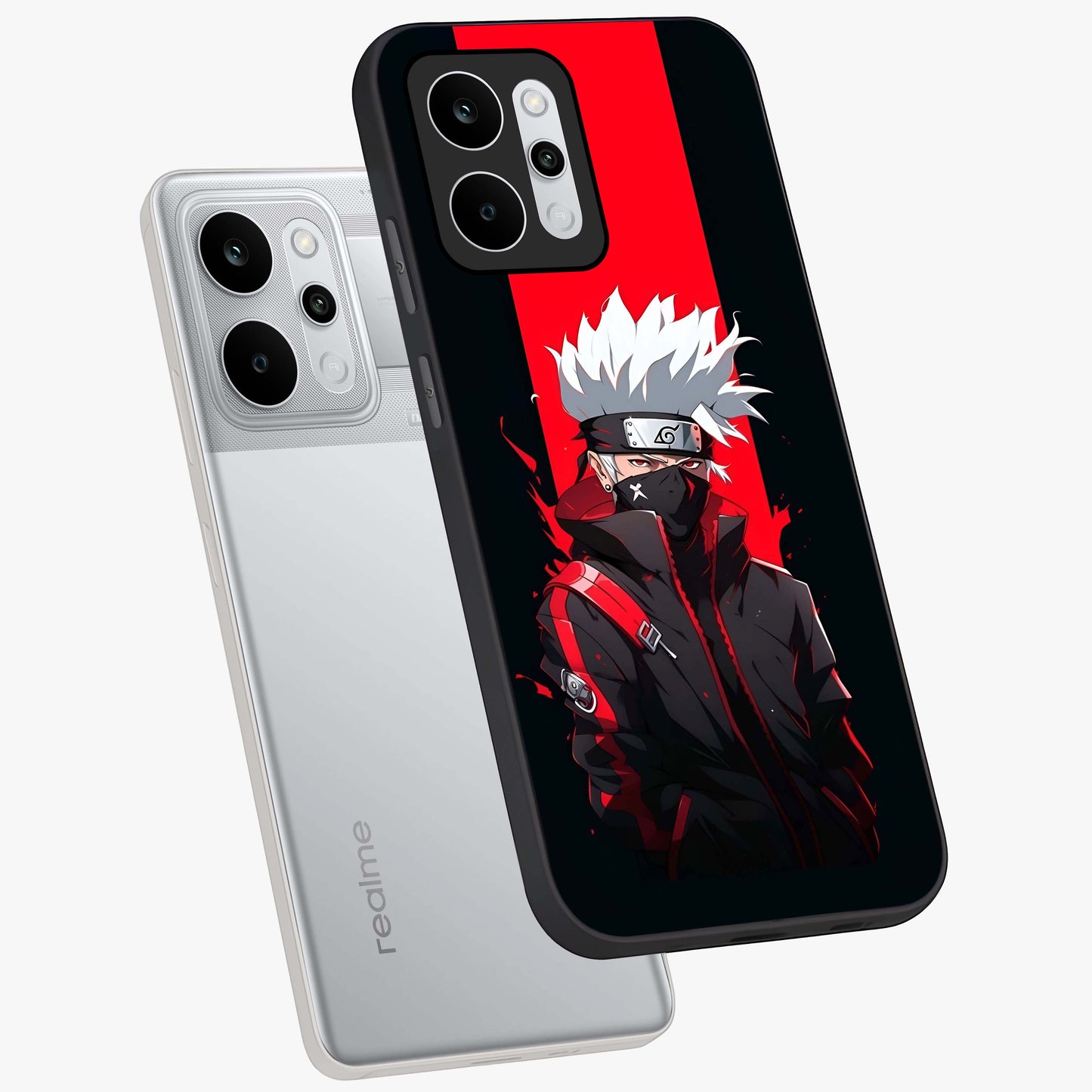 Kakashi Scarlet Shadow Glass Case displayed in angled mockup highlighting dramatic ninja illustration with scarlet themed aesthetic.