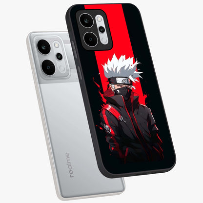 Kakashi Scarlet Shadow Glass Case displayed in angled mockup highlighting dramatic ninja illustration with scarlet themed aesthetic.