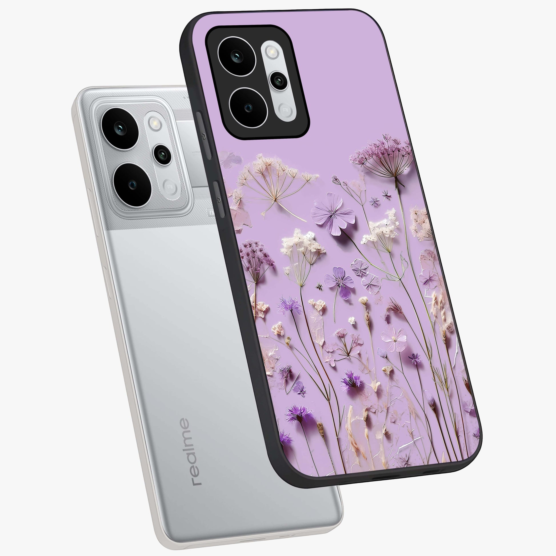Lavender Blossom Dream Glass Case displayed in angled mockup highlighting dreamy lavender flower design with calming aesthetic style.