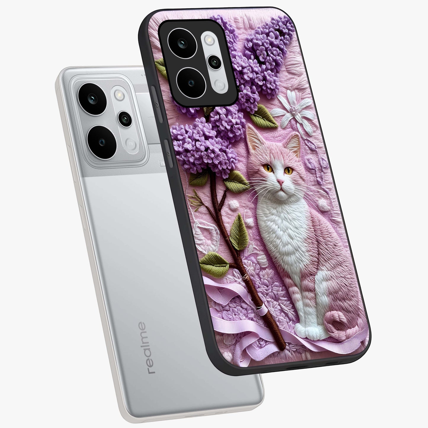 Lavender Cat Whimsy Glass Case displayed in angled mockup highlighting playful feline illustration with pastel lavender aesthetic.
