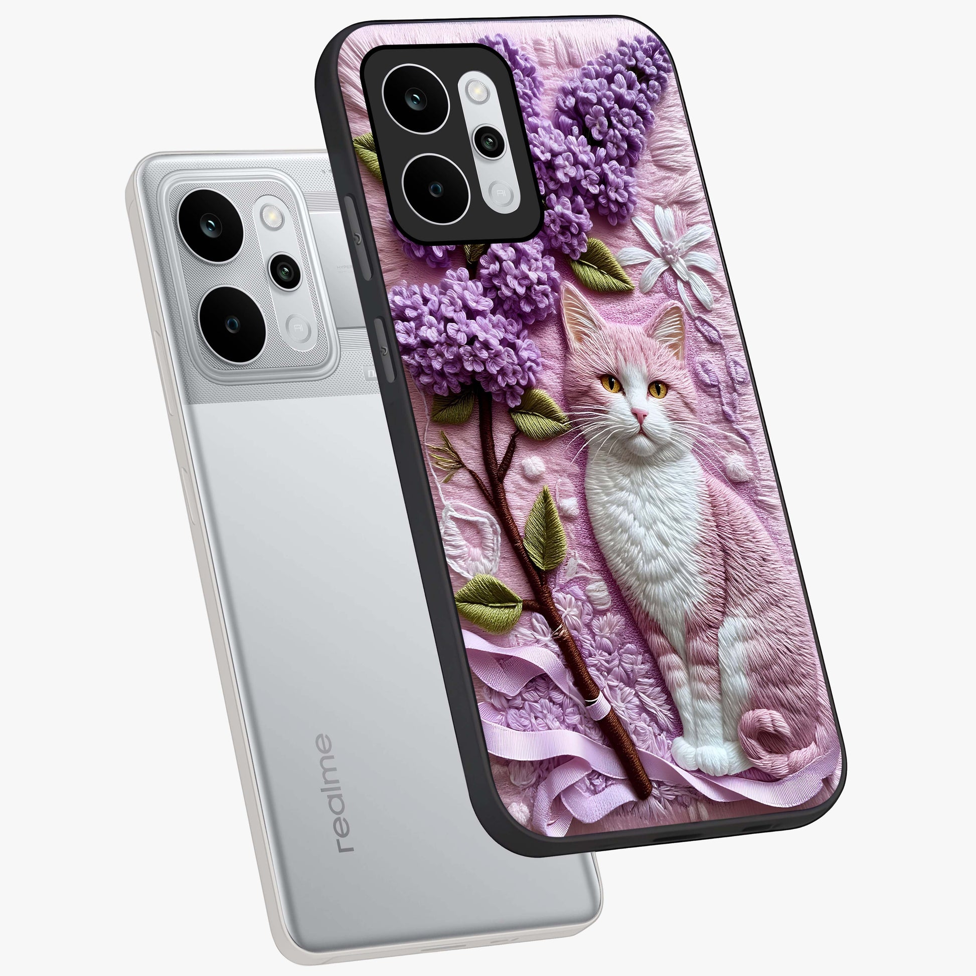 Lavender Cat Whimsy Glass Case displayed in angled mockup highlighting playful feline illustration with pastel lavender aesthetic.