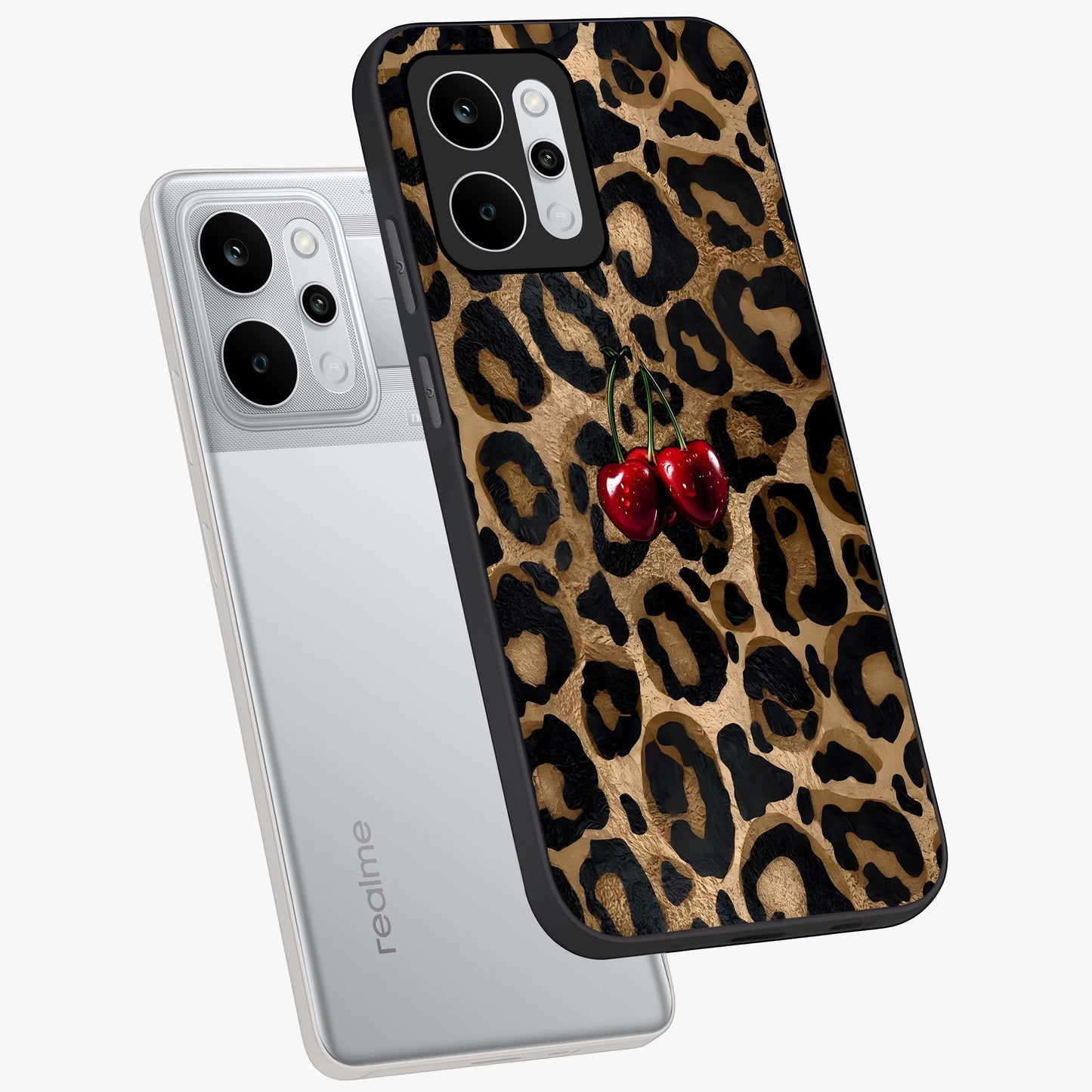 Leopard Wild Cherry Glass Case displayed in angled mockup highlighting bold animal print design with playful cherry aesthetic.