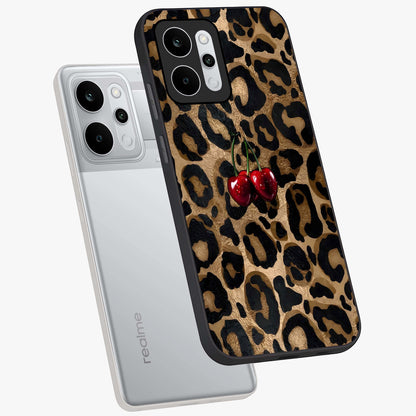 Leopard Wild Cherry Glass Case displayed in angled mockup highlighting bold animal print design with playful cherry aesthetic.