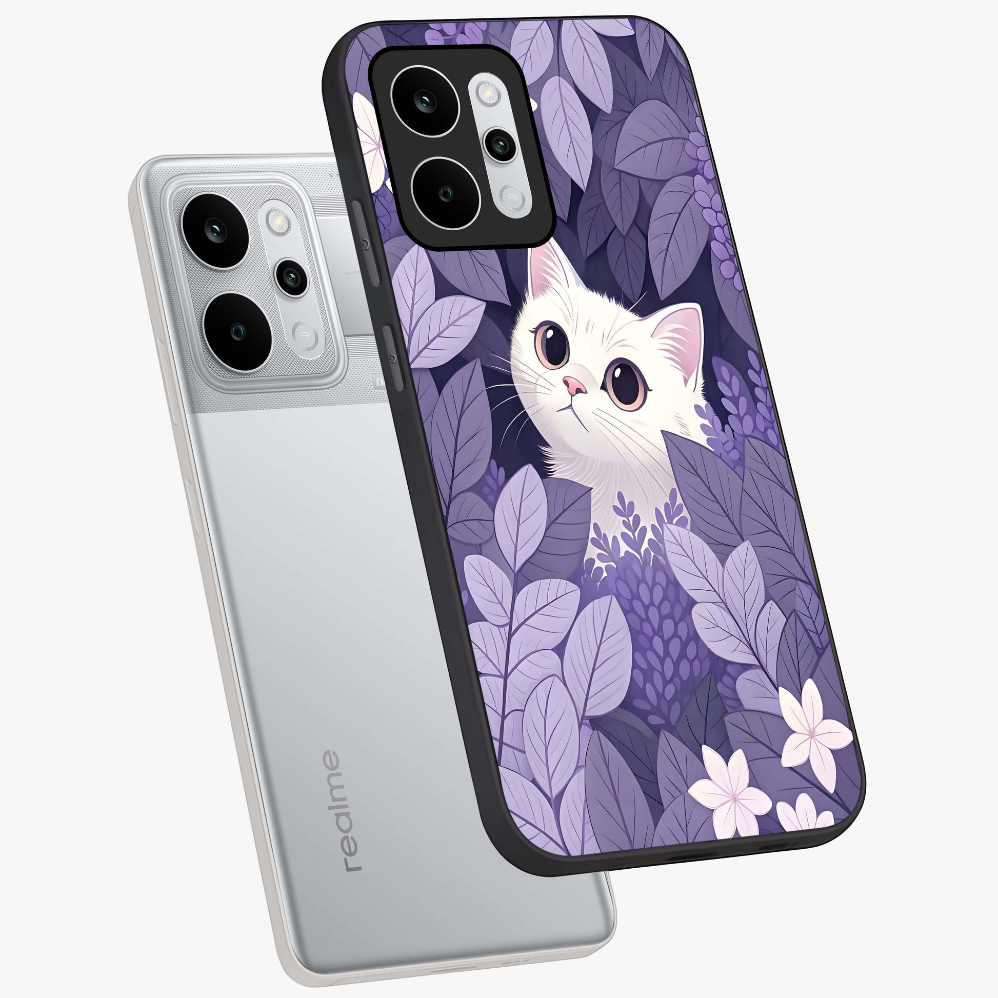 Lilac Hide Peek Cat Glass Case displayed in angled mockup highlighting playful feline illustration with lilac aesthetic design.