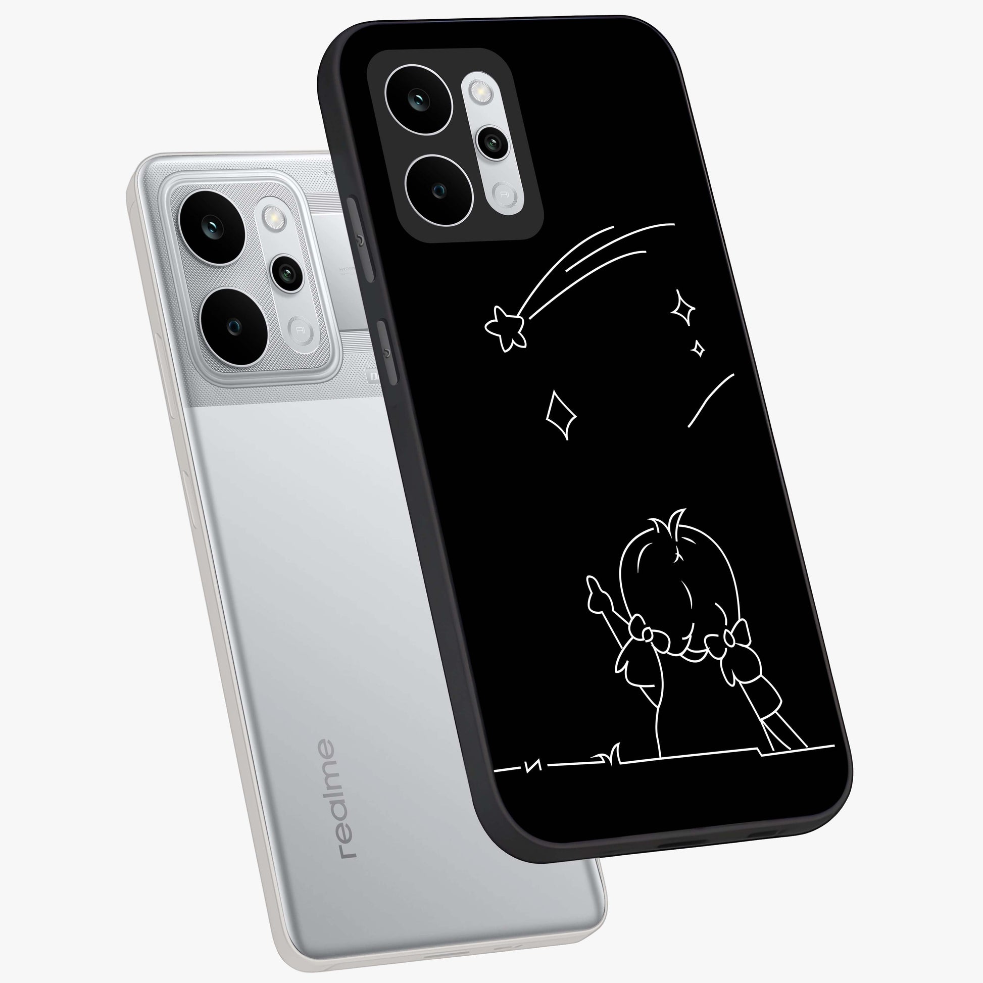 Line Art Girl With Shooting Stars Glass Case displayed in angled mockup highlighting elegant line art design with dreamy star aesthetic.