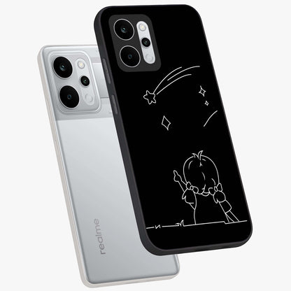 Line Art Girl With Shooting Stars Glass Case displayed in angled mockup highlighting elegant line art design with dreamy star aesthetic.