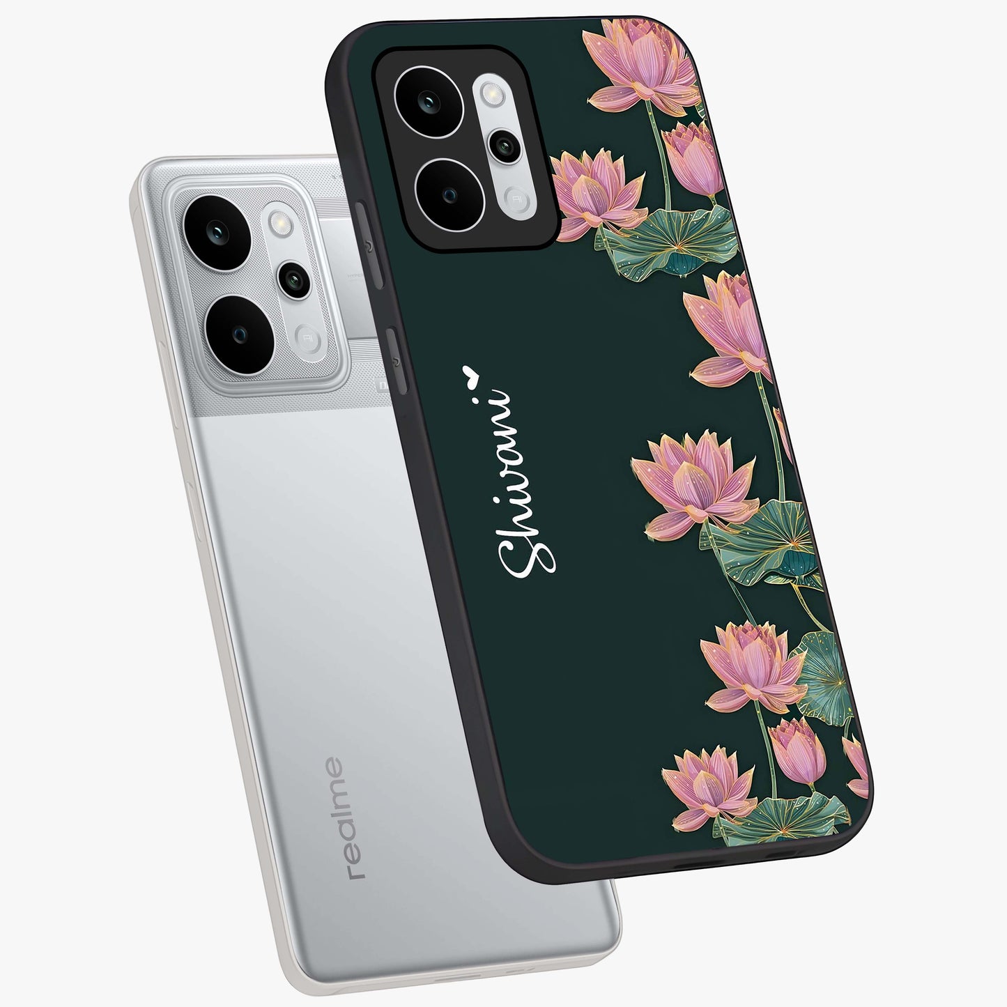 Lotus Bloom Serenity Custom Name Glass Case displayed in angled mockup highlighting graceful lotus illustration with custom name feature.