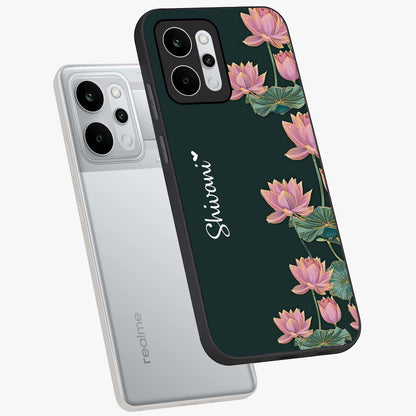 Lotus Bloom Serenity Custom Name Glass Case displayed in angled mockup highlighting graceful lotus illustration with custom name feature.