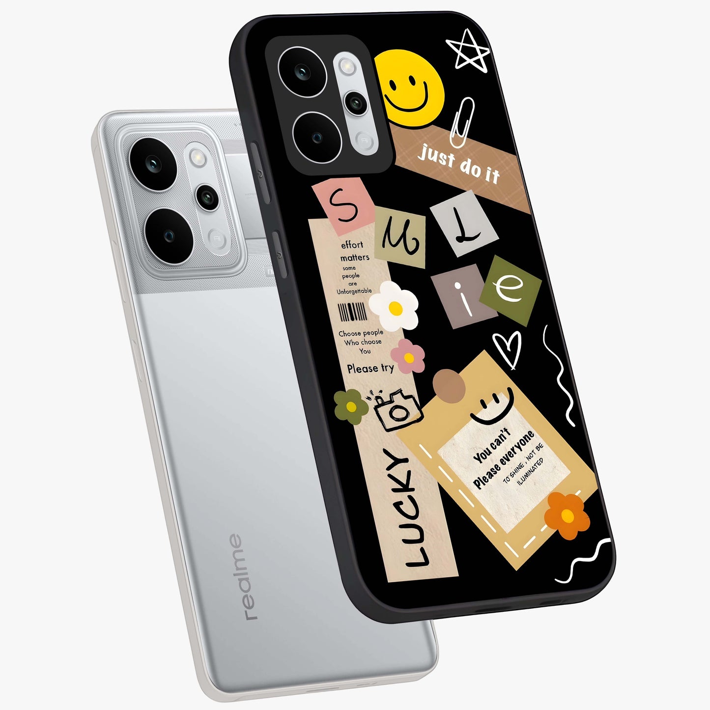 Lucky Aesthetic Collage Glass Case displayed in angled mockup highlighting stylish collage pattern with modern aesthetic vibe.