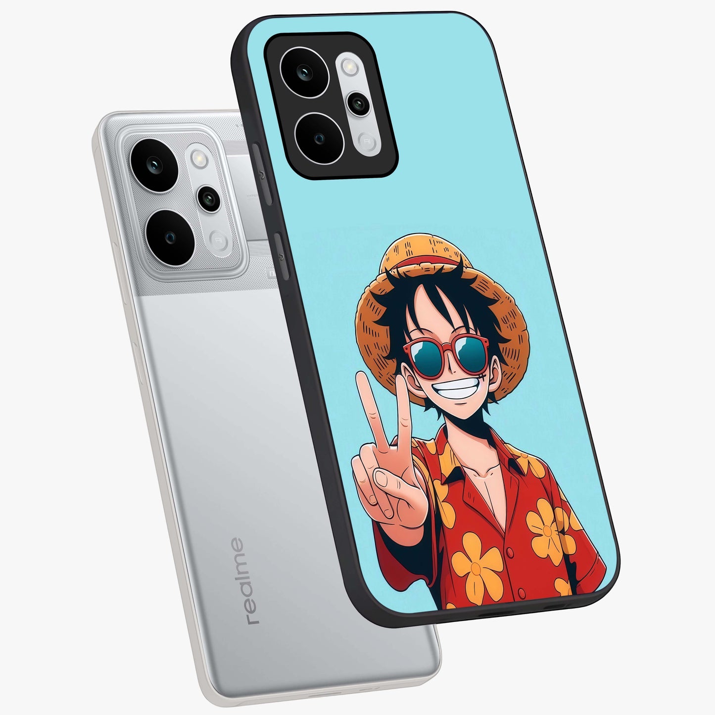 Luffy Summer Anime Vibe Glass Case displayed in angled mockup highlighting energetic anime illustration with summer vibe aesthetic.