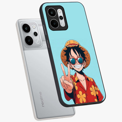 Luffy Summer Anime Vibe Glass Case displayed in angled mockup highlighting energetic anime illustration with summer vibe aesthetic.
