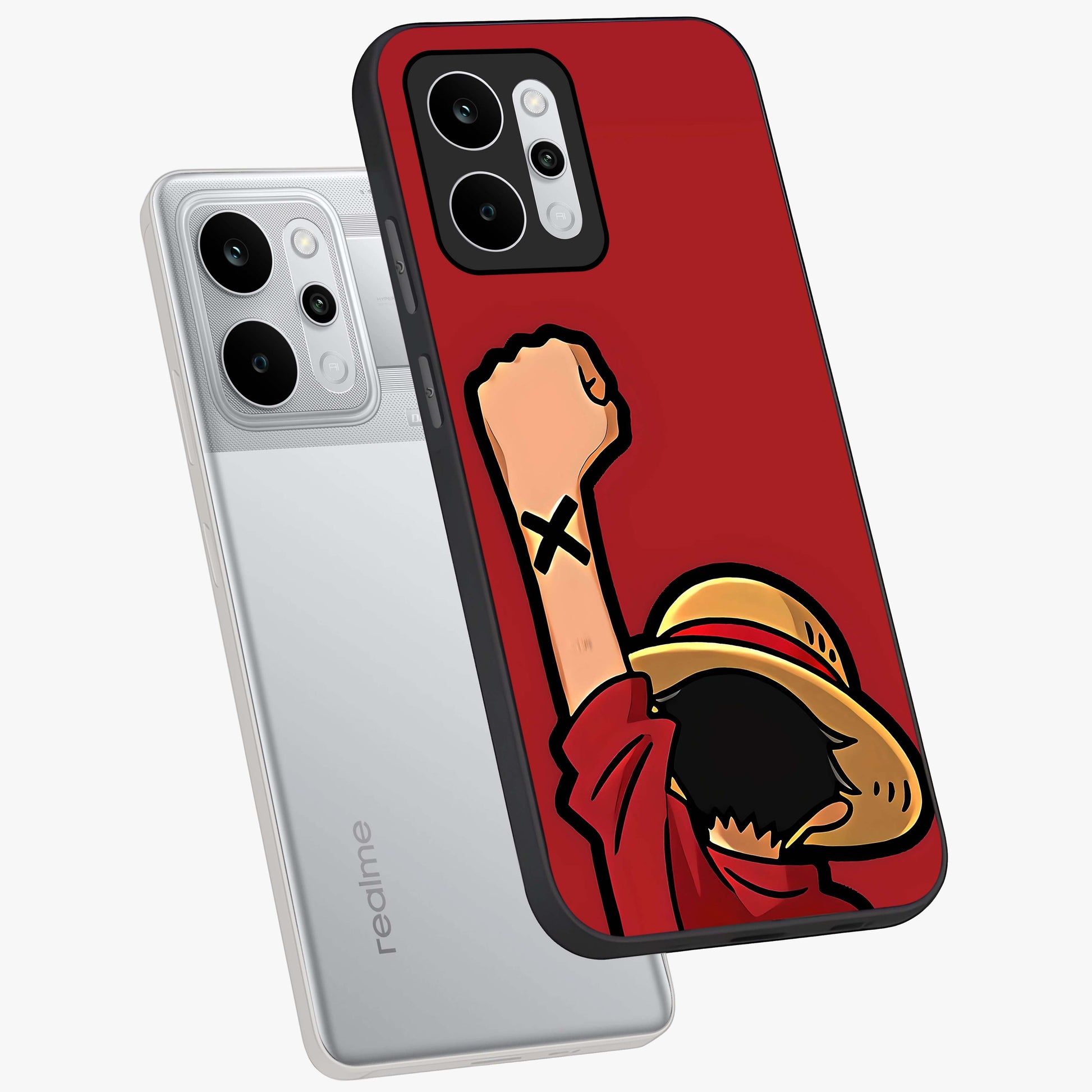 Luffy X Spirit Glass Case displayed in angled mockup highlighting powerful anime design with energetic action aesthetic.