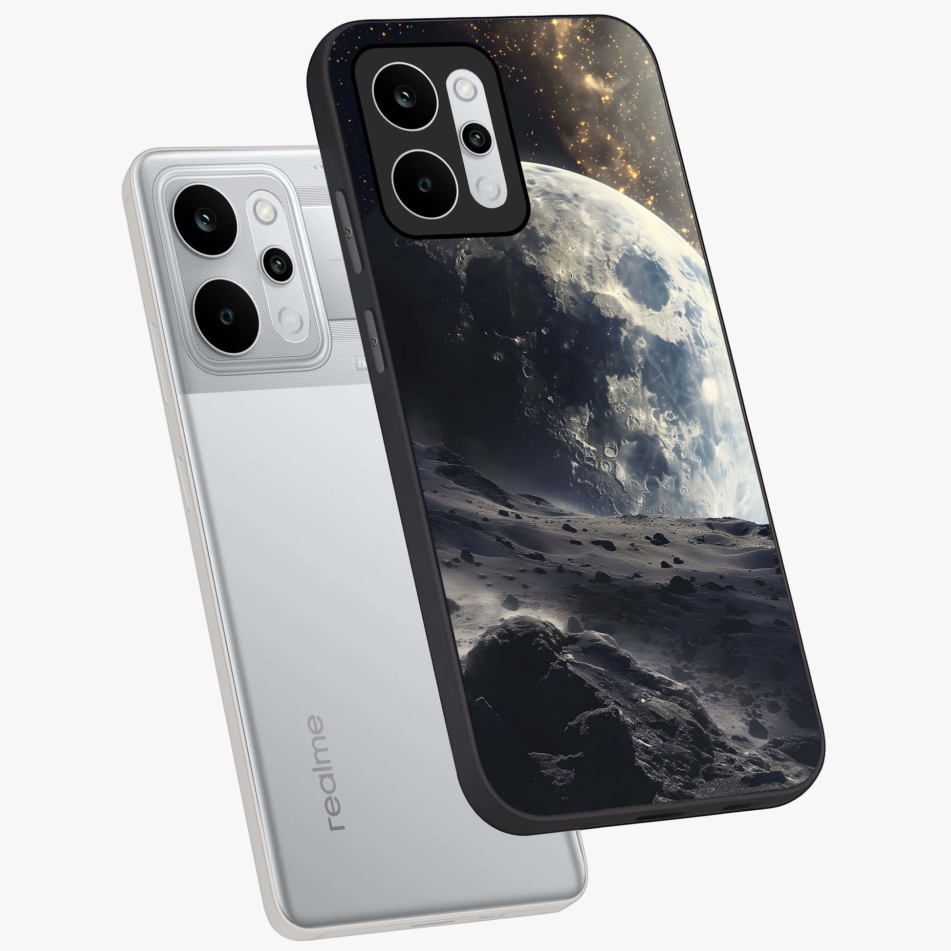 Lunar Horizon Glow Glass Case displayed in angled mockup highlighting celestial moon design with dreamy night aesthetic.