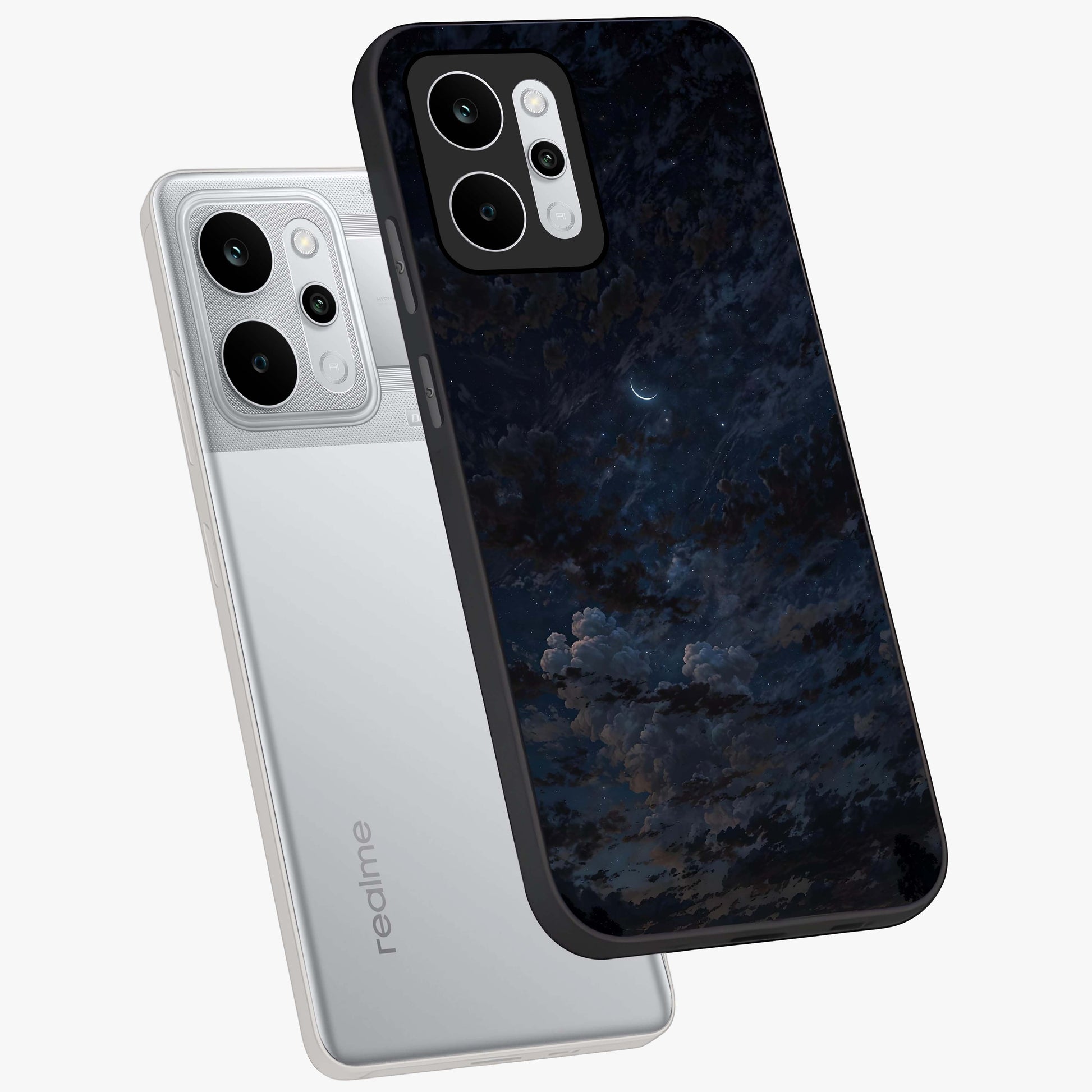 Lunar Veil Silence Glass Case displayed in angled mockup highlighting soft lunar design with peaceful celestial aesthetic.