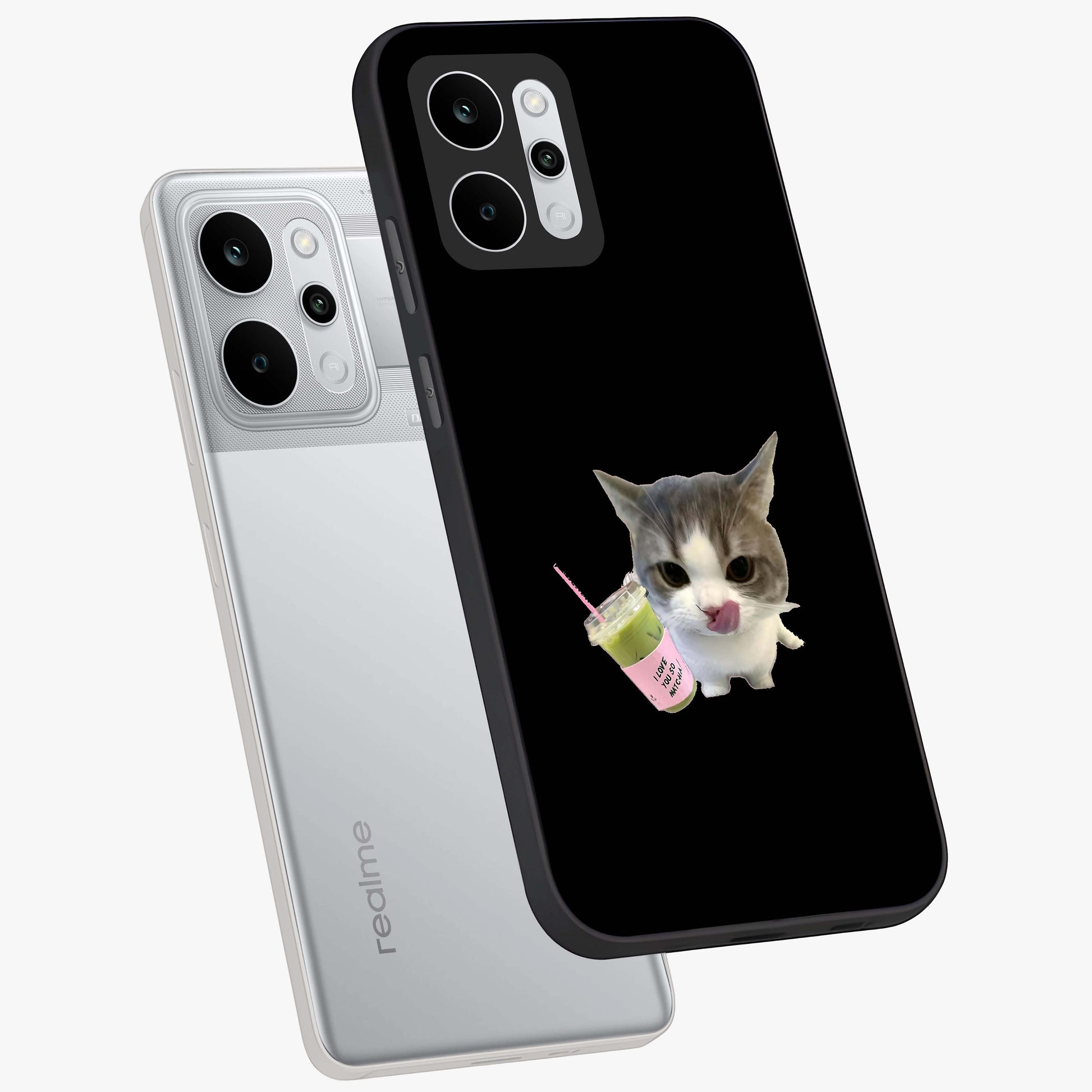 Matcha Cat Style Glass Case displayed in angled mockup highlighting playful feline design with pastel matcha aesthetic.