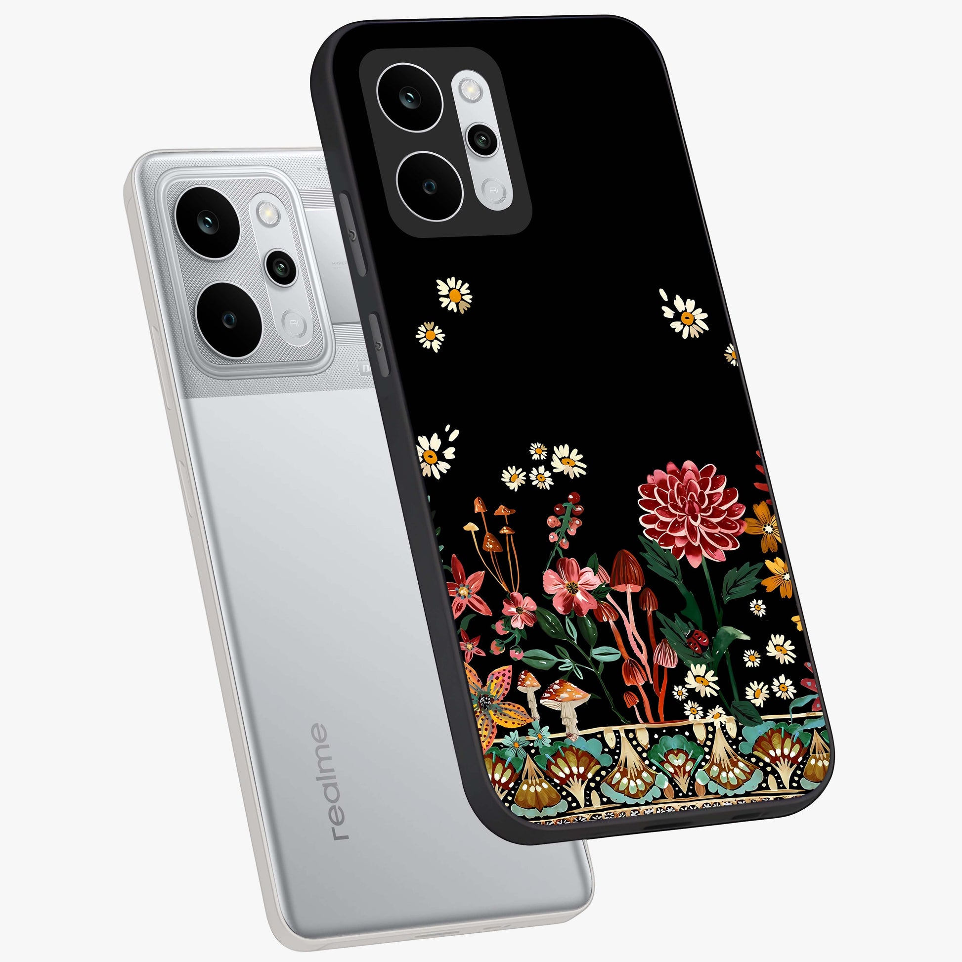 Midnight Bloom Pattern Glass Case displayed in angled mockup highlighting elegant flower design with midnight aesthetic style.