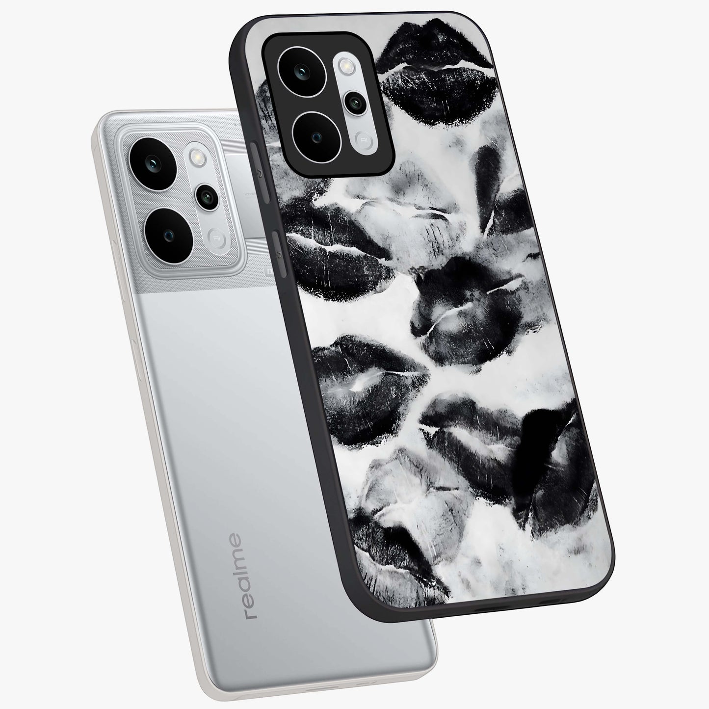 Midnight Kiss Marks Glass Case displayed in angled mockup highlighting playful romantic design with bold midnight aesthetic.