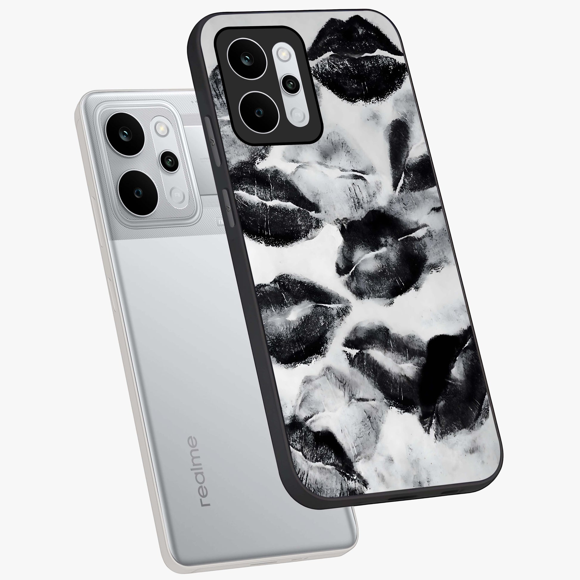 Midnight Kiss Marks Glass Case displayed in angled mockup highlighting playful romantic design with bold midnight aesthetic.