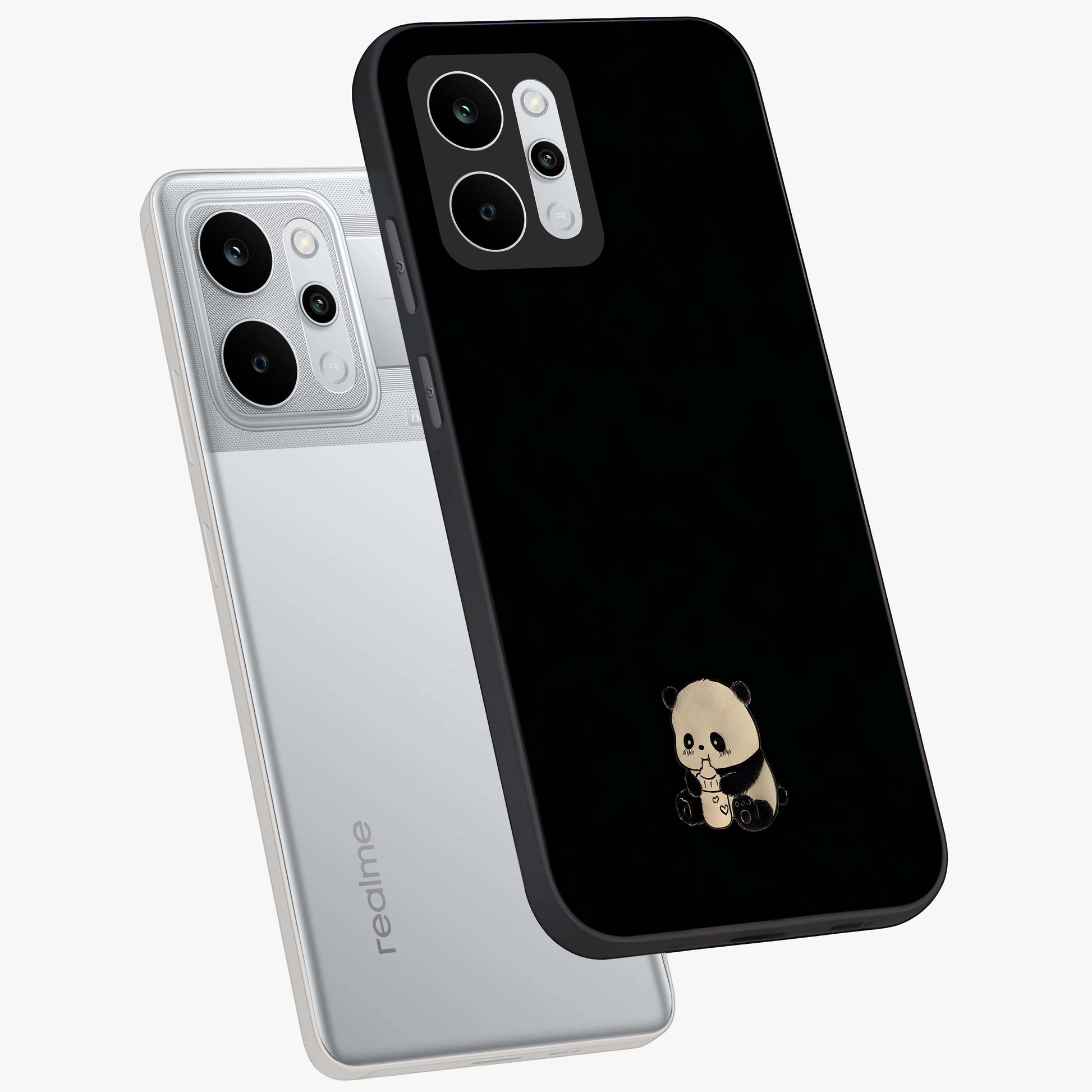 Midnight Panda Love Glass Case displayed in angled mockup highlighting adorable panda illustration with midnight aesthetic.