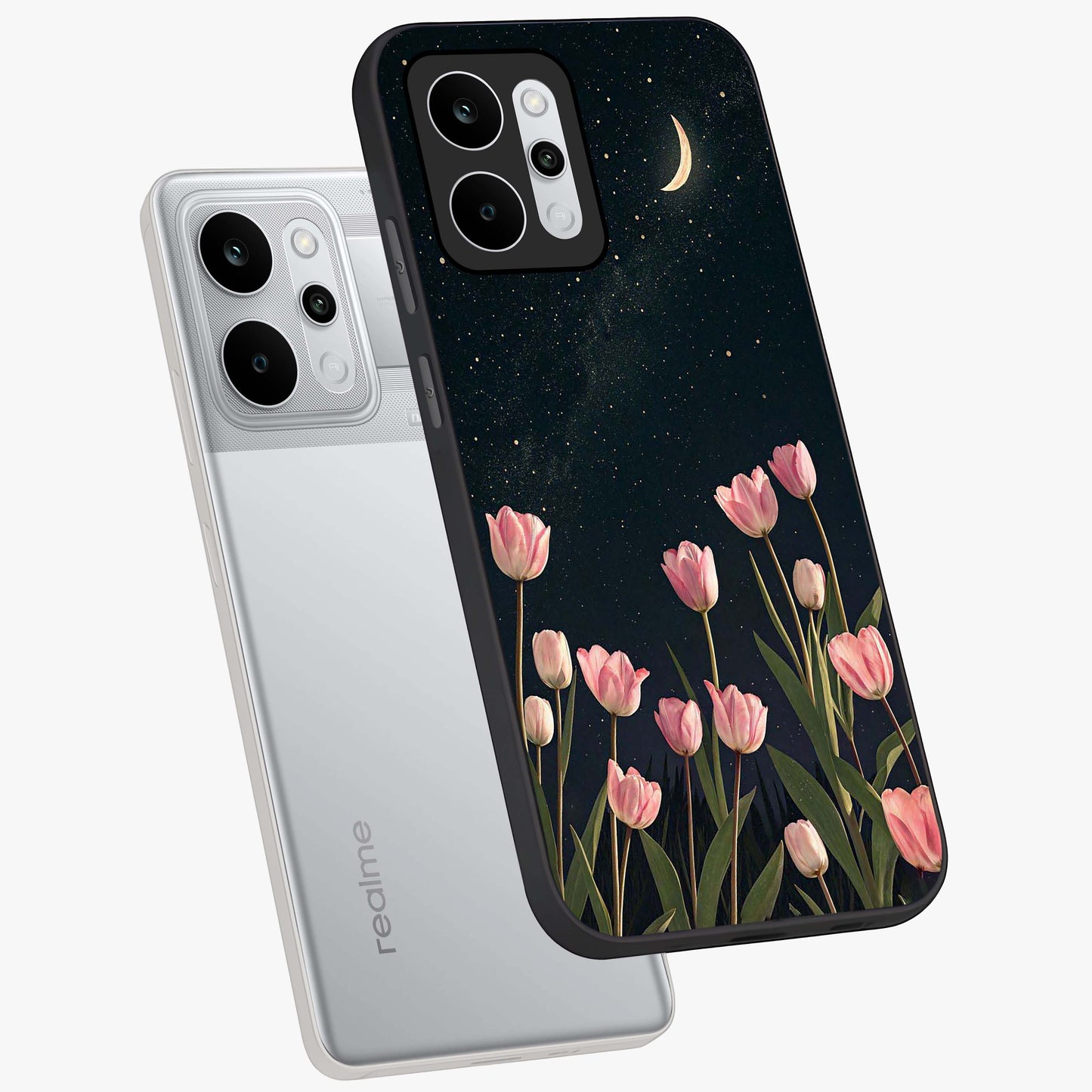Midnight Tulip Whispers Vibe Glass Case displayed in angled mockup highlighting delicate tulip design with midnight floral aesthetic.