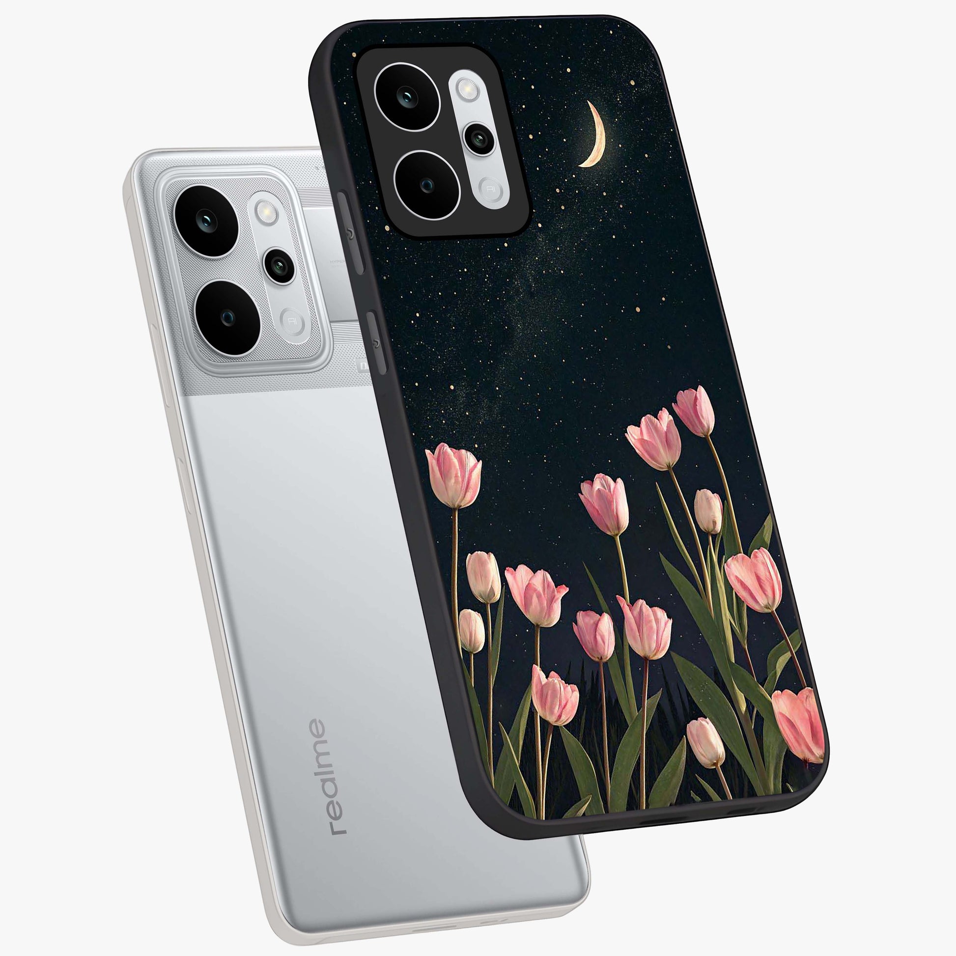 Midnight Tulip Whispers Vibe Glass Case displayed in angled mockup highlighting delicate tulip design with midnight floral aesthetic.