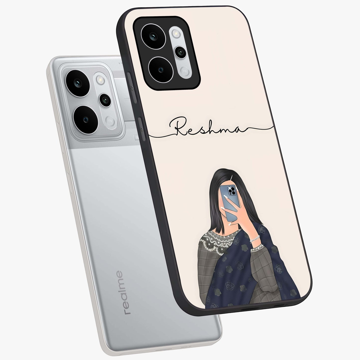 Mirror Mood Muse With Custom Name Glass Case displayed in angled mockup highlighting aesthetic mirror inspired design with custom name feature.
