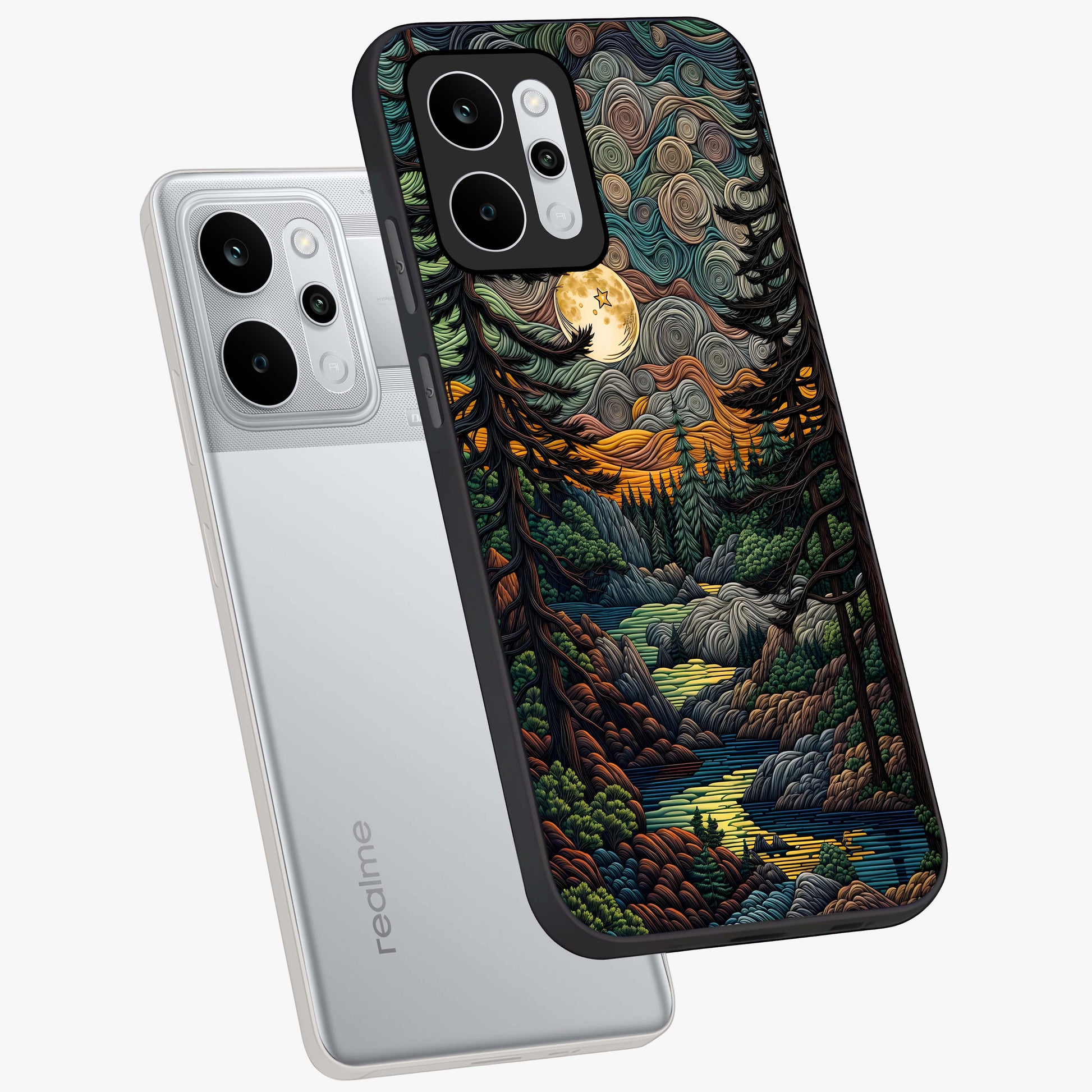 Moonlight Forest Dream Glass Case displayed in angled mockup highlighting dreamy forest design with glowing moon aesthetic.