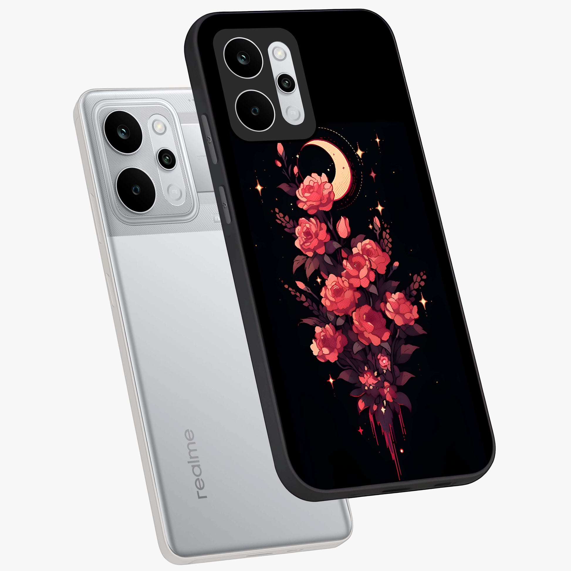 Moonlit Floral Elegance Glass Case displayed in angled mockup highlighting graceful flower design with soft moonlight aesthetic.