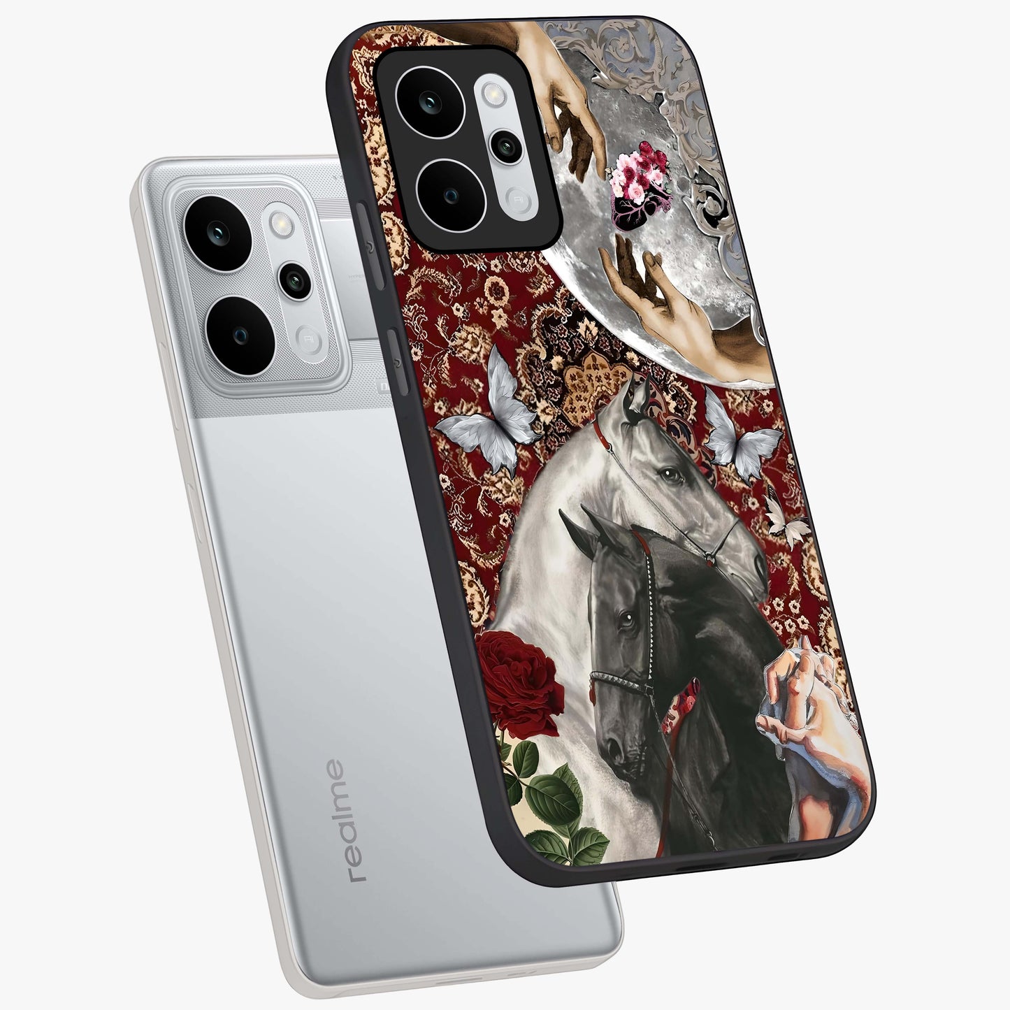 Moonlit Royal Stallion Glass Case displayed in angled mockup highlighting powerful stallion illustration with royal night aesthetic.