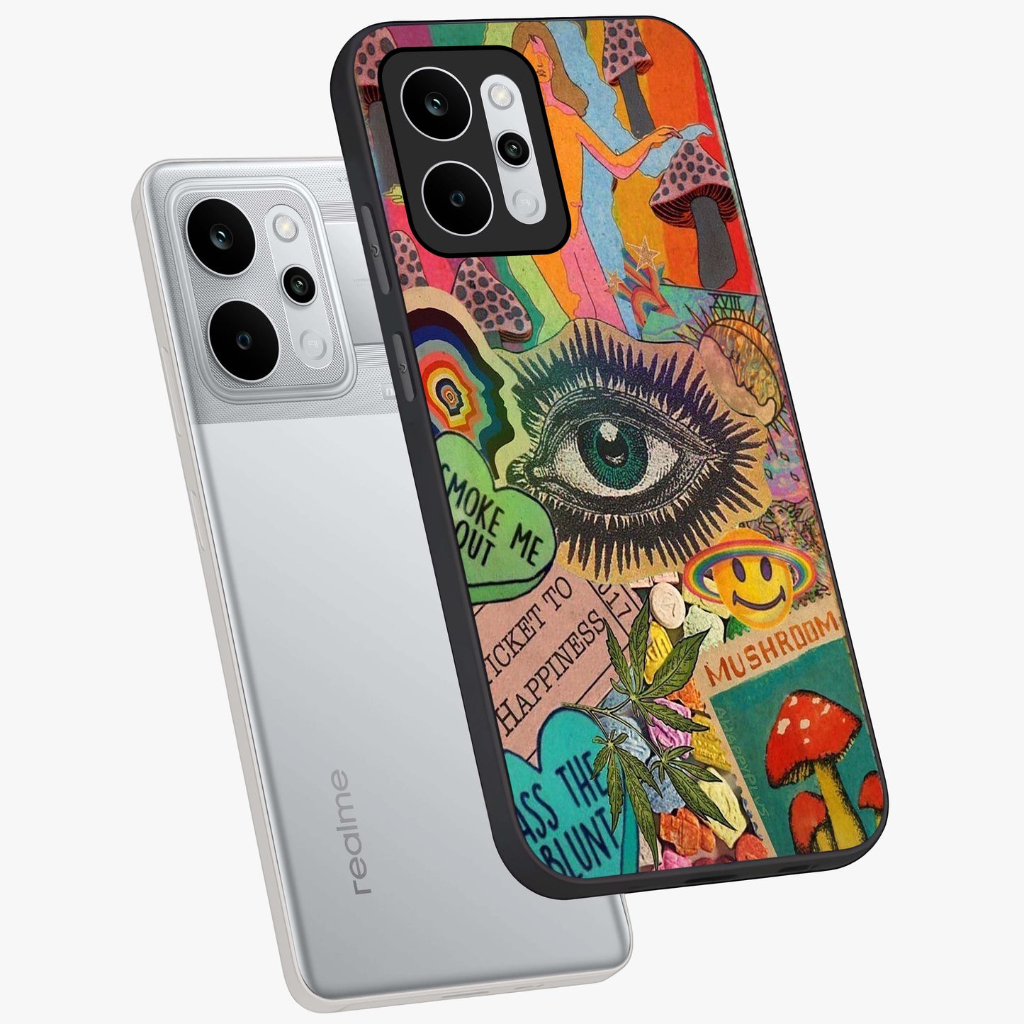 Mystic Eye Wonderland Glass Case displayed in angled mockup highlighting magical eye illustration with dreamy aesthetic.