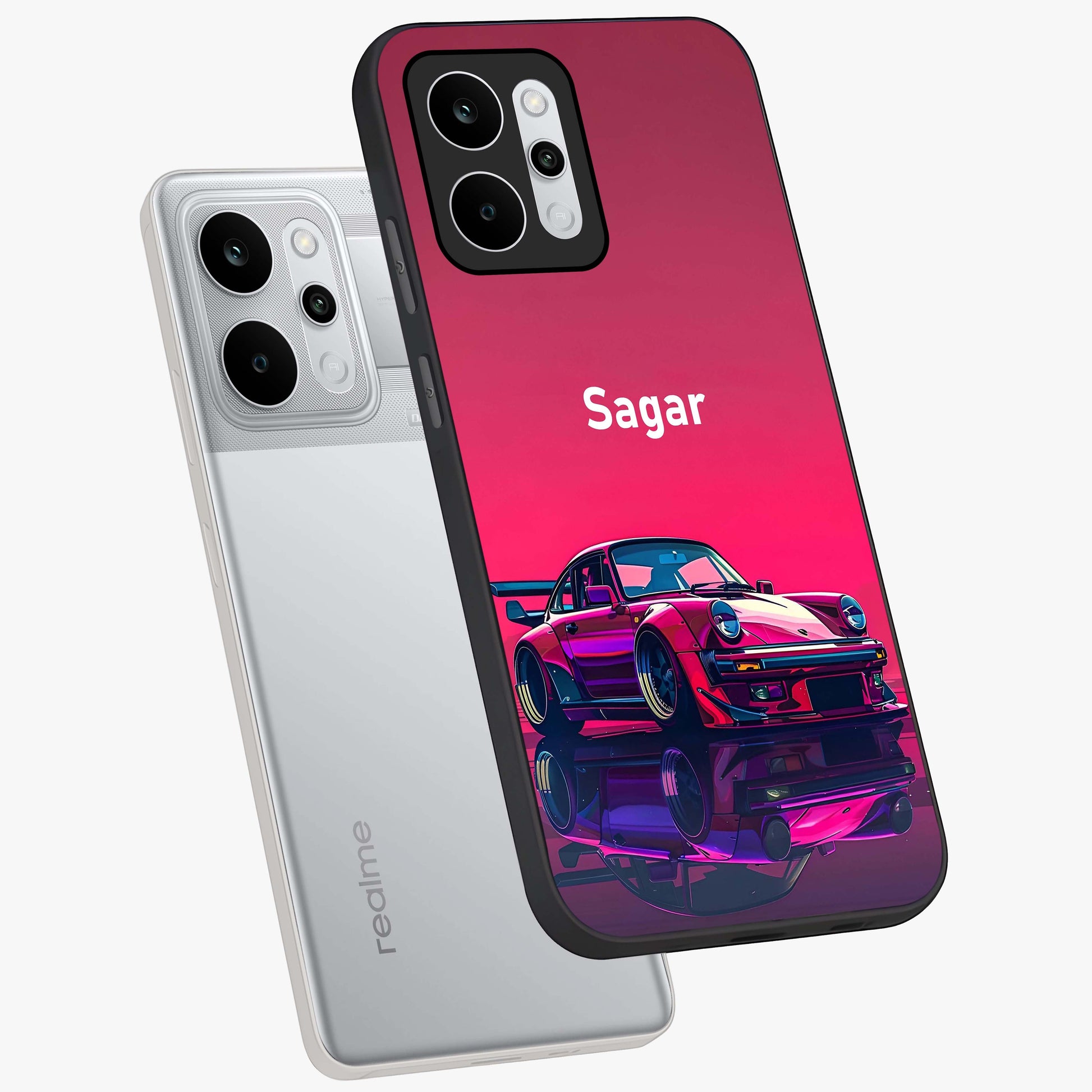 Neon Pink Porsche Glass Case displayed in angled mockup highlighting sleek neon pink car design with racing aesthetic.