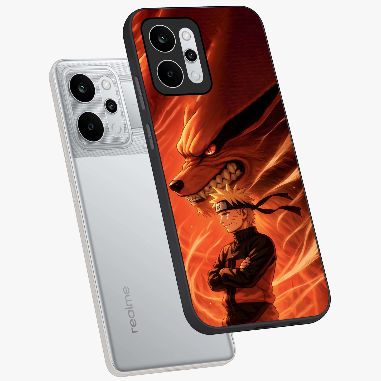 Nine Tails Legacy Glass Case displayed in angled mockup highlighting dynamic anime beast illustration with bold mystical aesthetic.