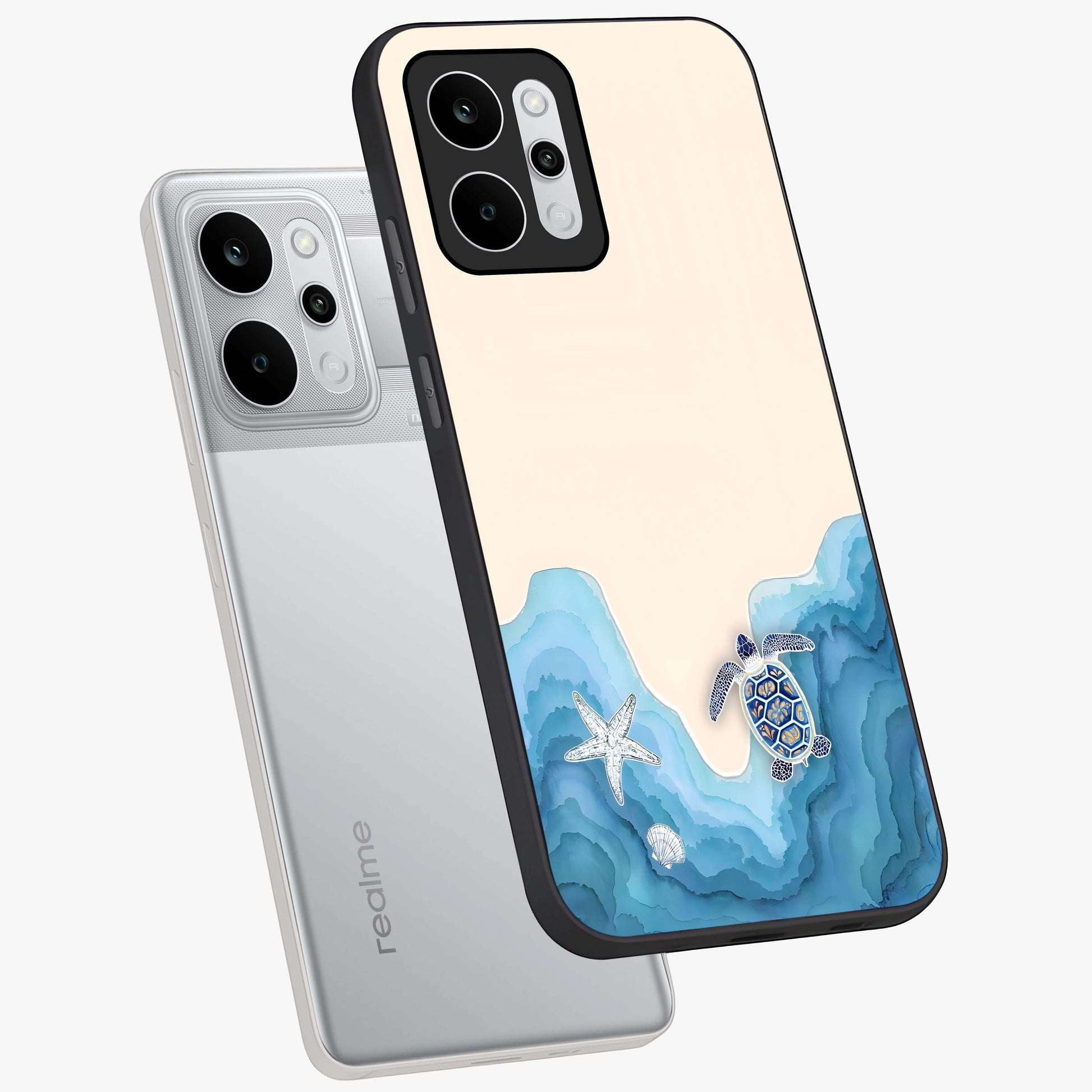 Ocean Drift Turtle Glass Case displayed in angled mockup highlighting peaceful ocean turtle illustration with marine aesthetic.