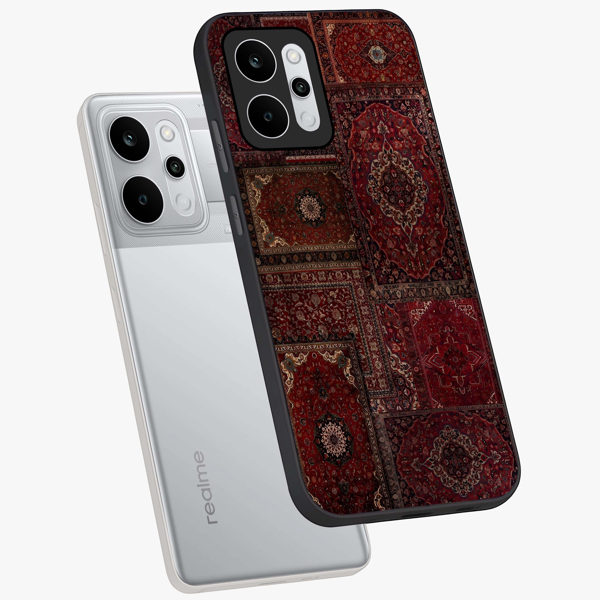 Persian Velvet Tale Glass Case displayed in angled mockup highlighting ornate textile inspired design with royal aesthetic.