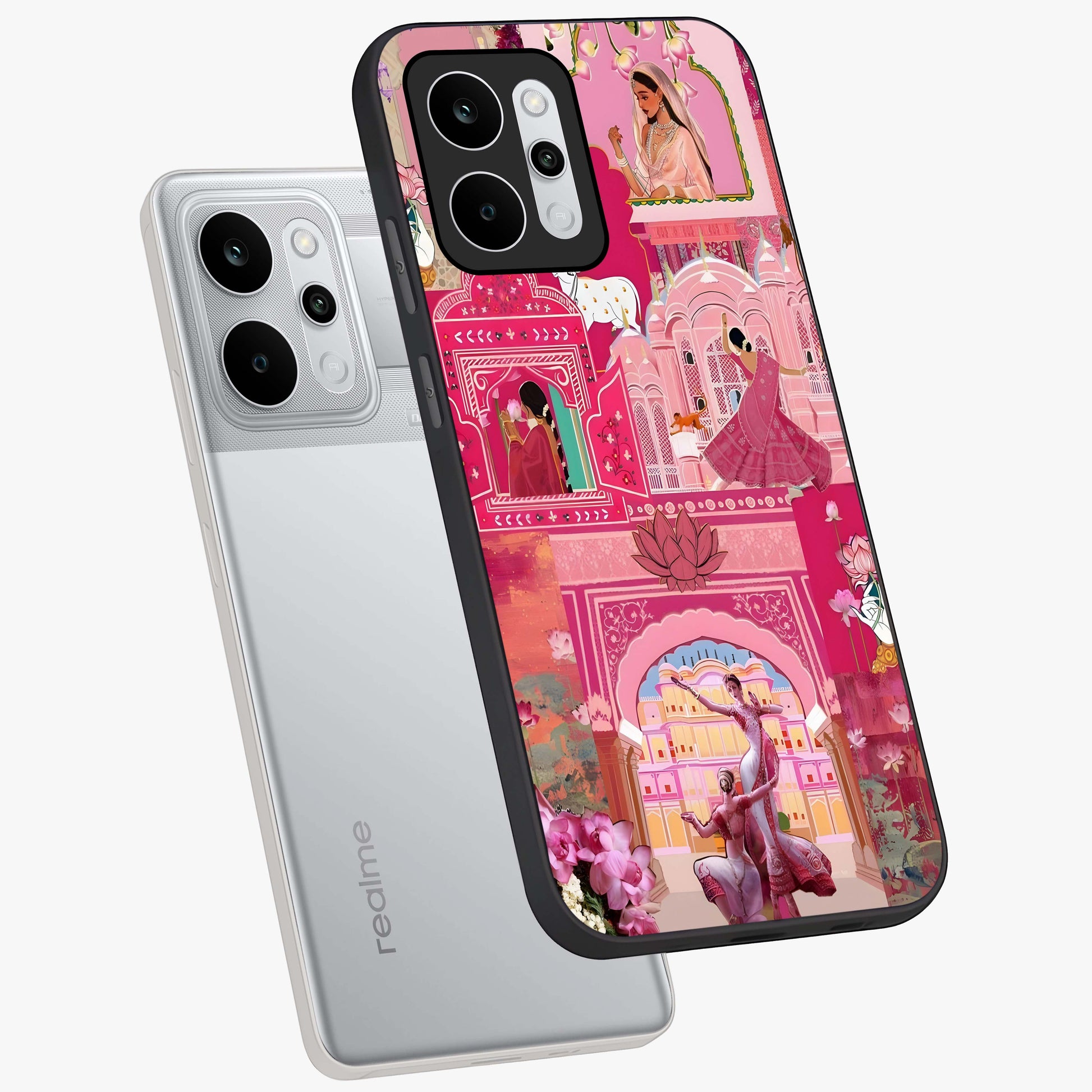 Pink Palace Muse Glass Case displayed in angled mockup highlighting dreamy palace illustration with soft pink aesthetic.