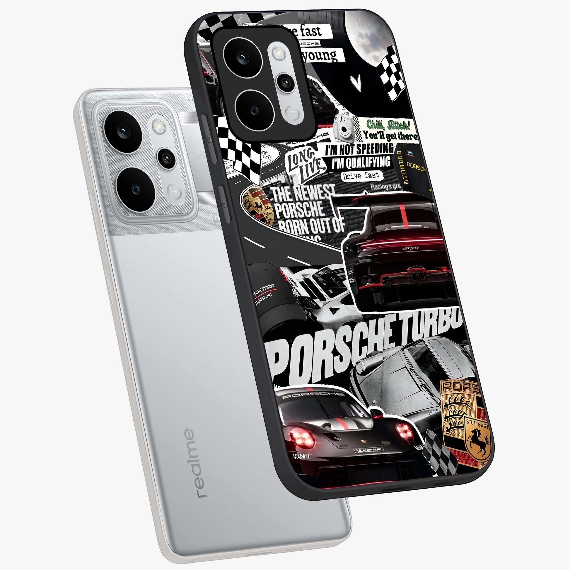 Porsche Racing Collage Glass Case displayed in angled mockup highlighting dynamic automotive design with bold racing aesthetic.