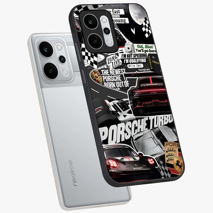 Porsche Racing Collage Glass Case displayed in angled mockup highlighting dynamic automotive design with bold racing aesthetic.