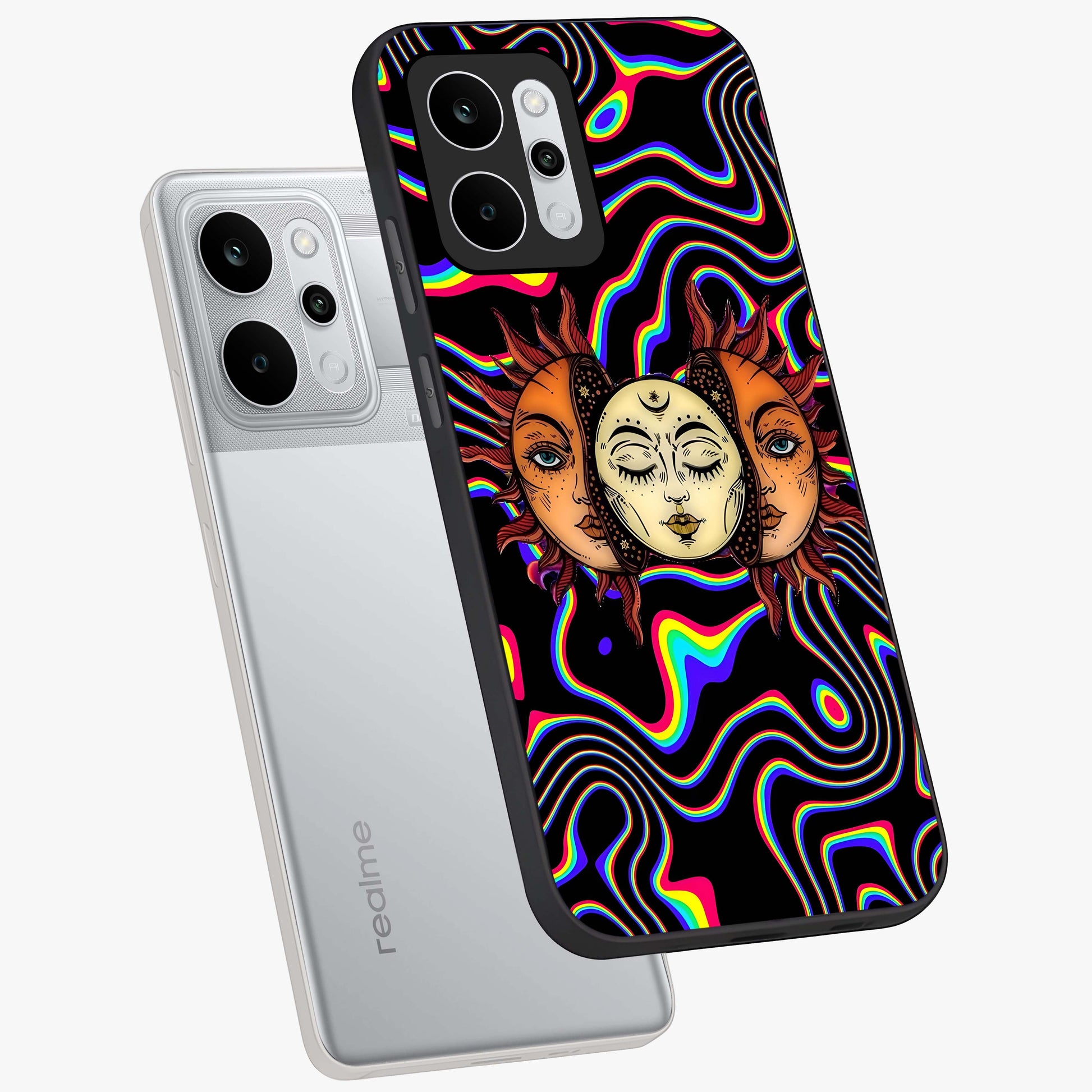 Psychedelic Sun Glass Case displayed in angled mockup highlighting vibrant abstract sun design with artistic aesthetic style.