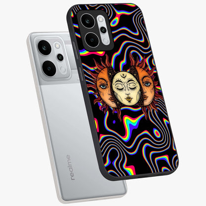 Psychedelic Sun Glass Case displayed in angled mockup highlighting vibrant abstract sun design with artistic aesthetic style.