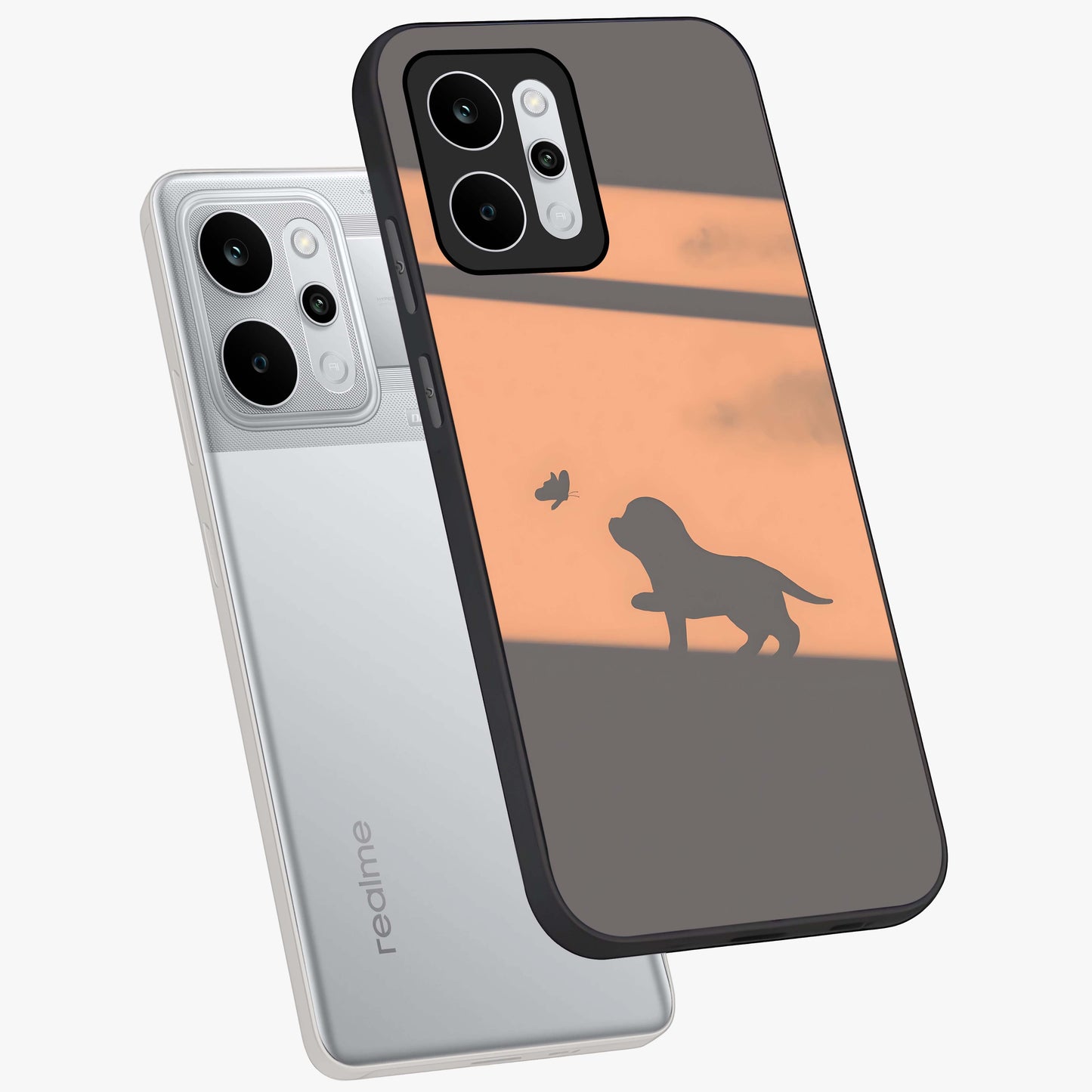 Puppy Shadow Art Glass Case displayed in angled mockup highlighting playful dog illustration with artistic shadow aesthetic.