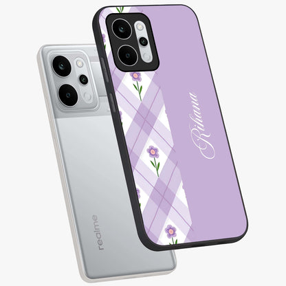 Purple Diamond Floral Glass Case displayed in angled mockup highlighting elegant purple flower design with decorative pattern.