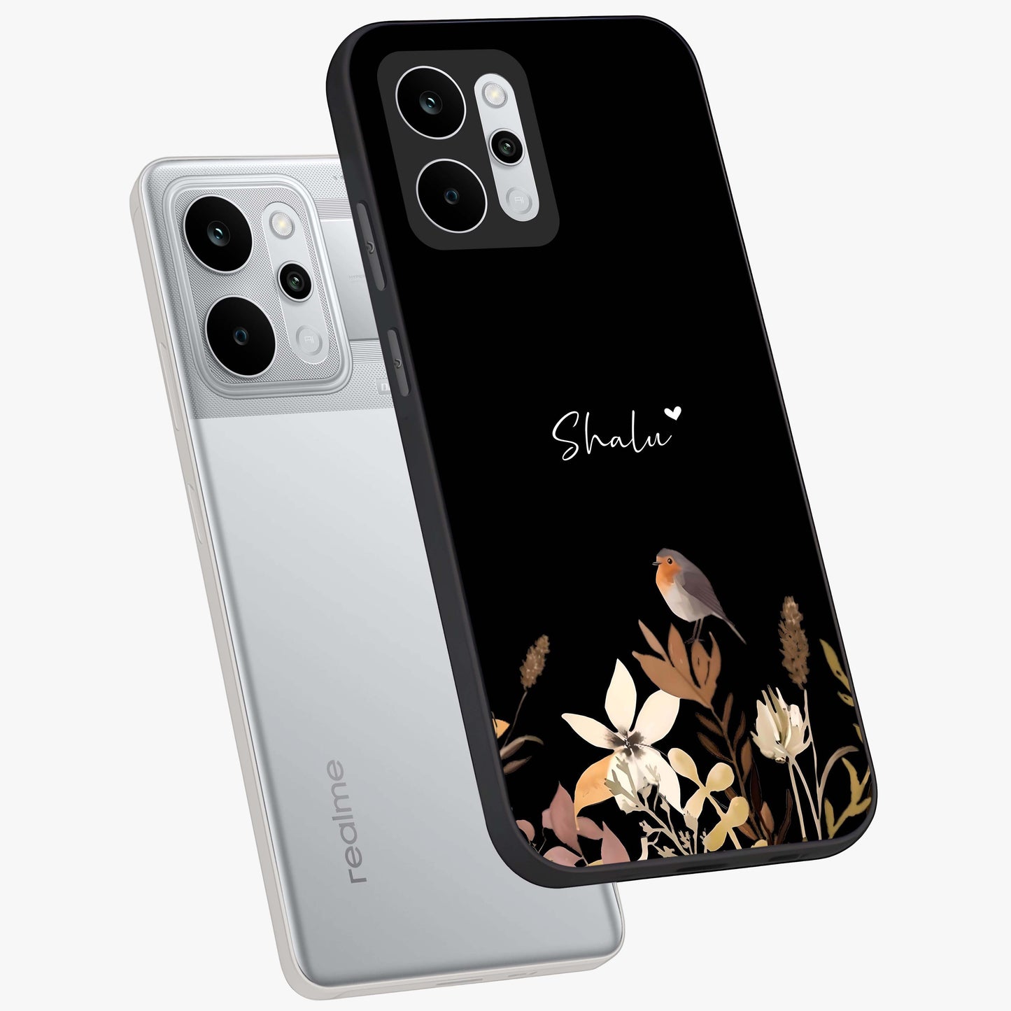 Quiet Garden Tune Custom Name Glass Case displayed in angled mockup highlighting delicate floral garden design with custom name feature.