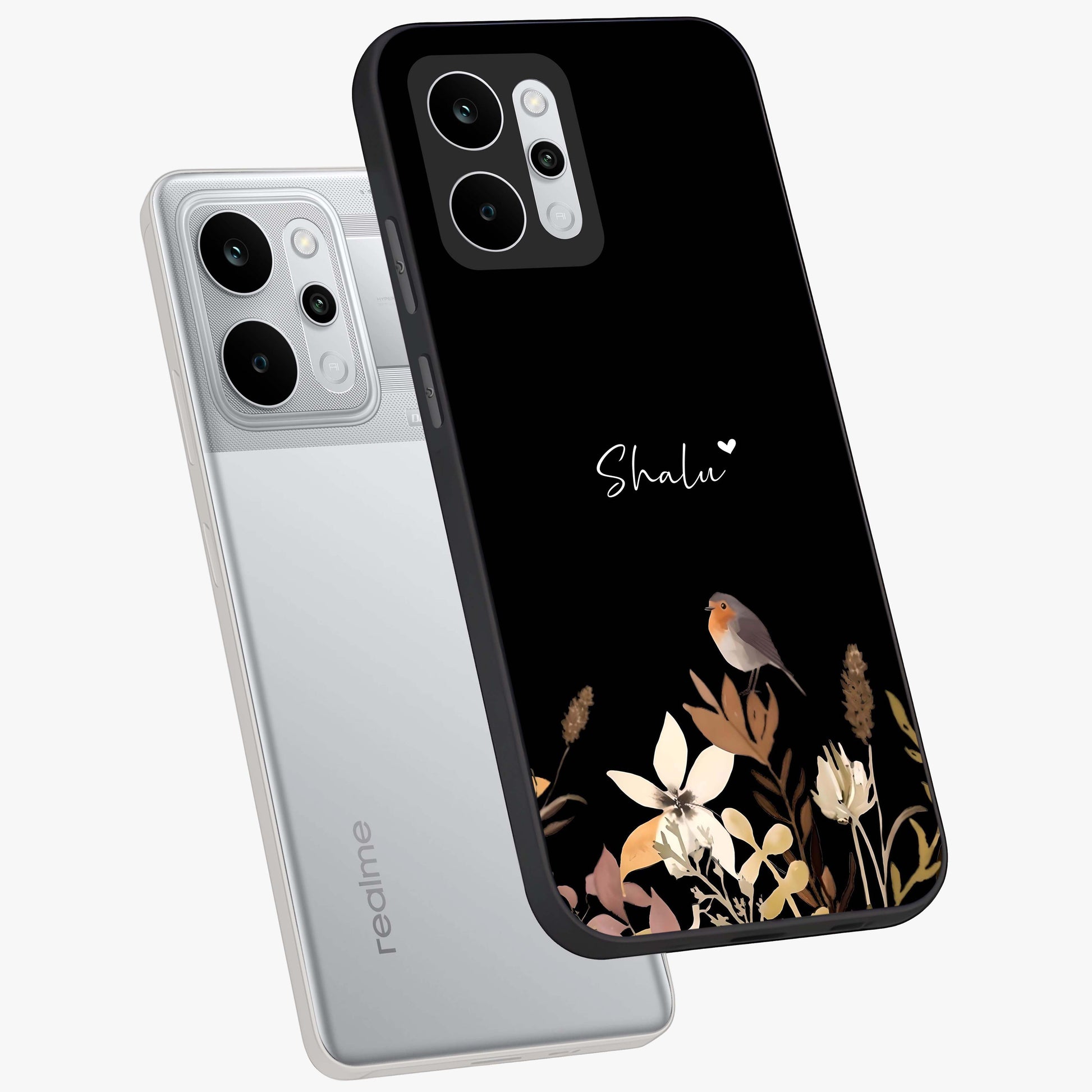 Quiet Garden Tune Custom Name Glass Case displayed in angled mockup highlighting delicate floral garden design with custom name feature.