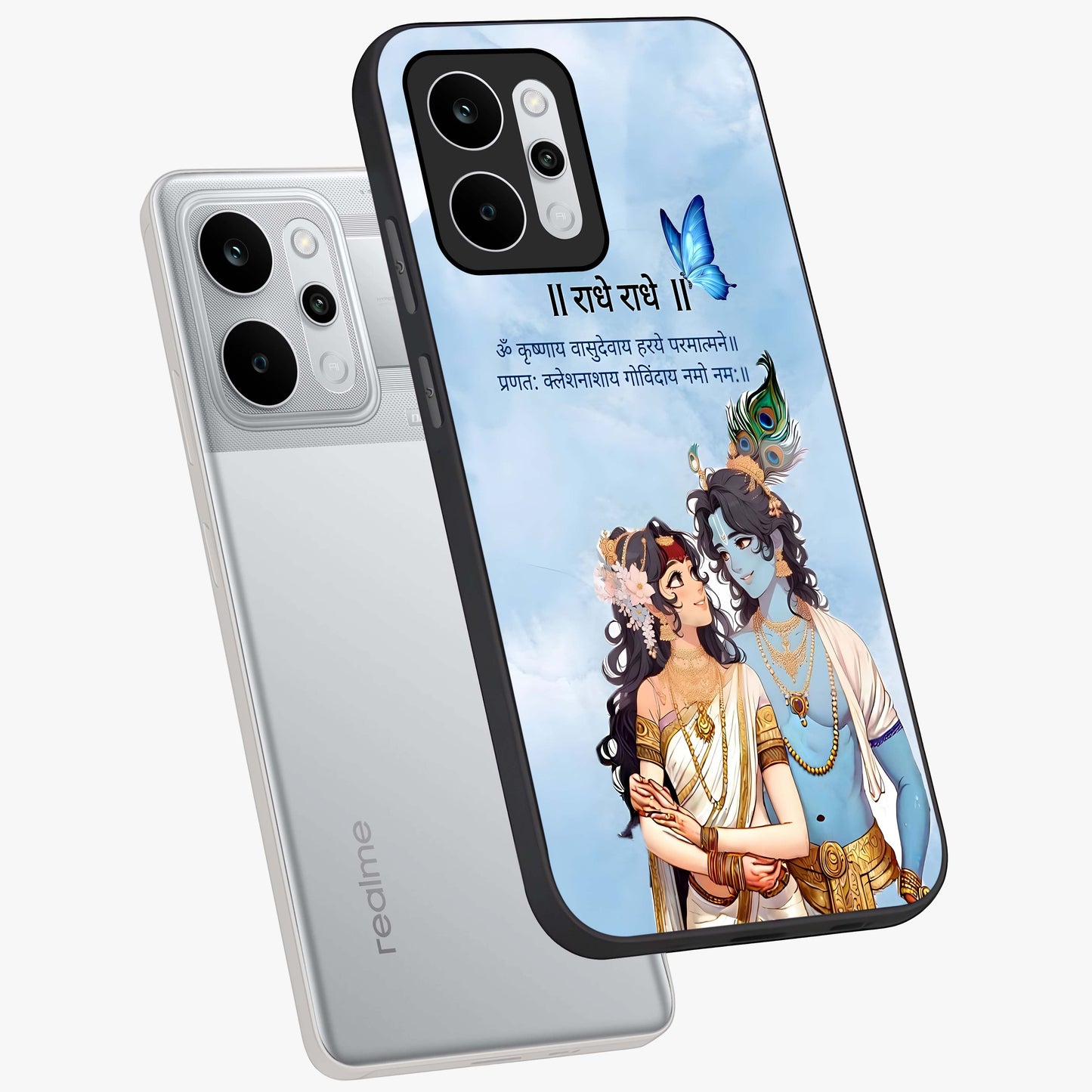 Radha Krishna Eternal Glass Case displayed in angled mockup highlighting divine Radha Krishna illustration with spiritual aesthetic.