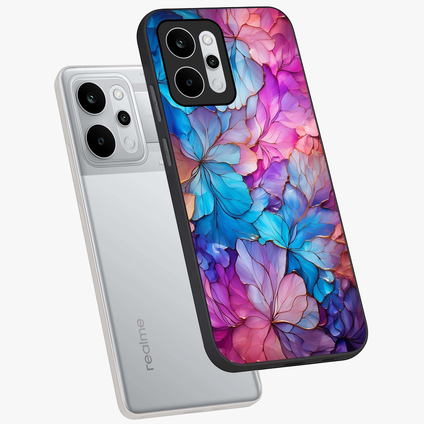 Radiant Floral Whirl Glass Case displayed in angled mockup highlighting vibrant flower pattern with dynamic artistic aesthetic.
