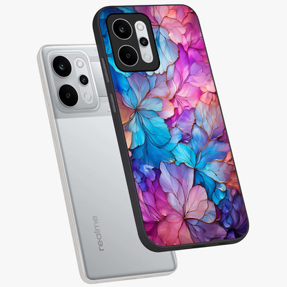 Radiant Floral Whirl Glass Case displayed in angled mockup highlighting vibrant flower pattern with dynamic artistic aesthetic.