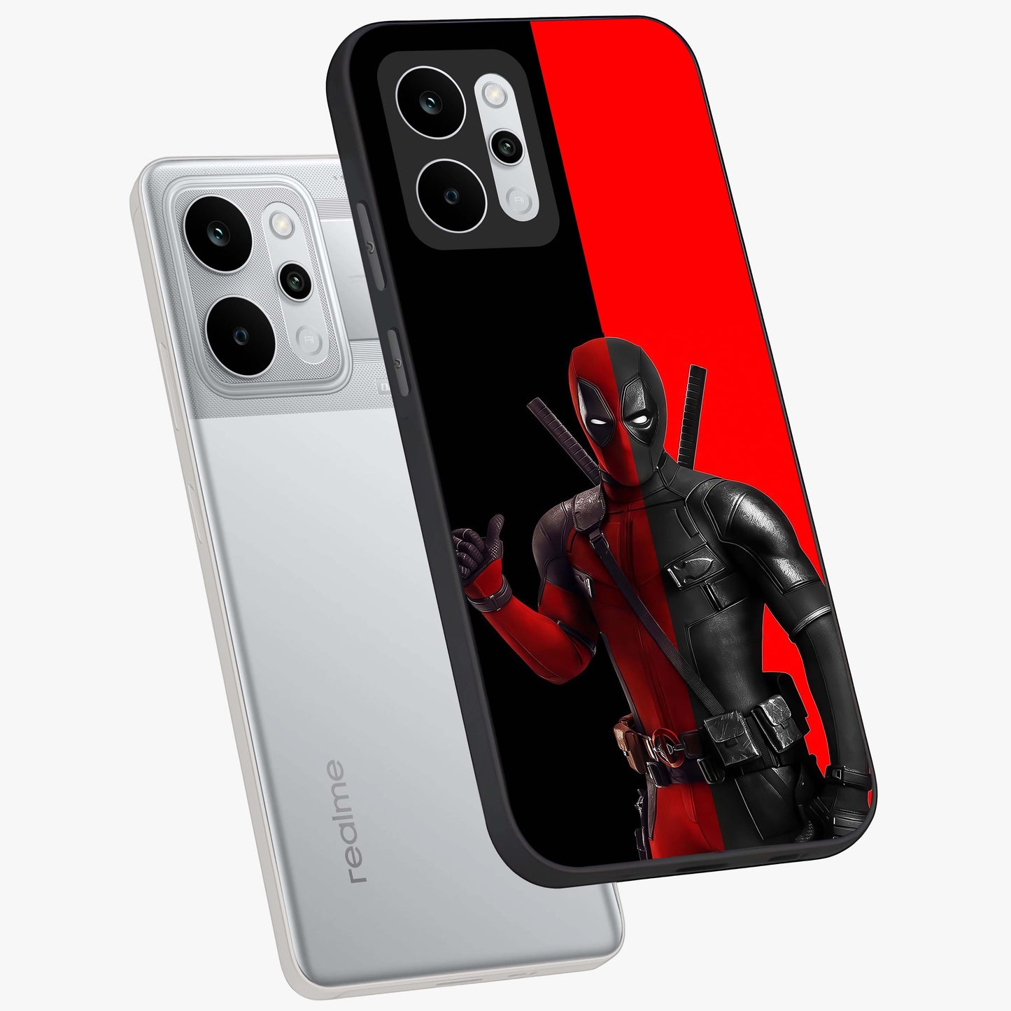 Red & Black Deadpool Theme Glass Case displayed in angled mockup highlighting vibrant superhero style illustration with action aesthetic.