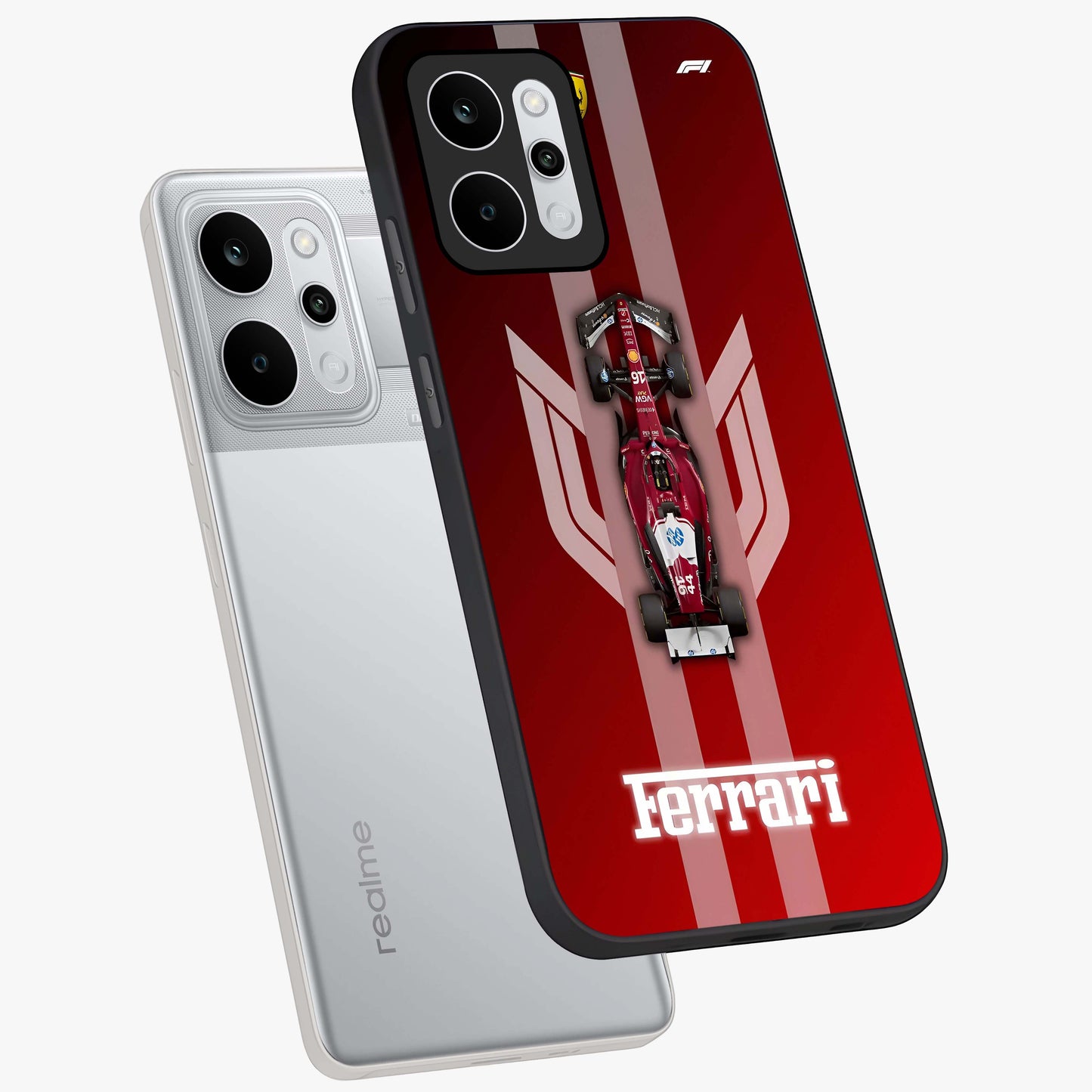 Red Ferrari F1 Vertical Glass Case displayed in angled mockup highlighting high speed racing design with bold automotive aesthetic.