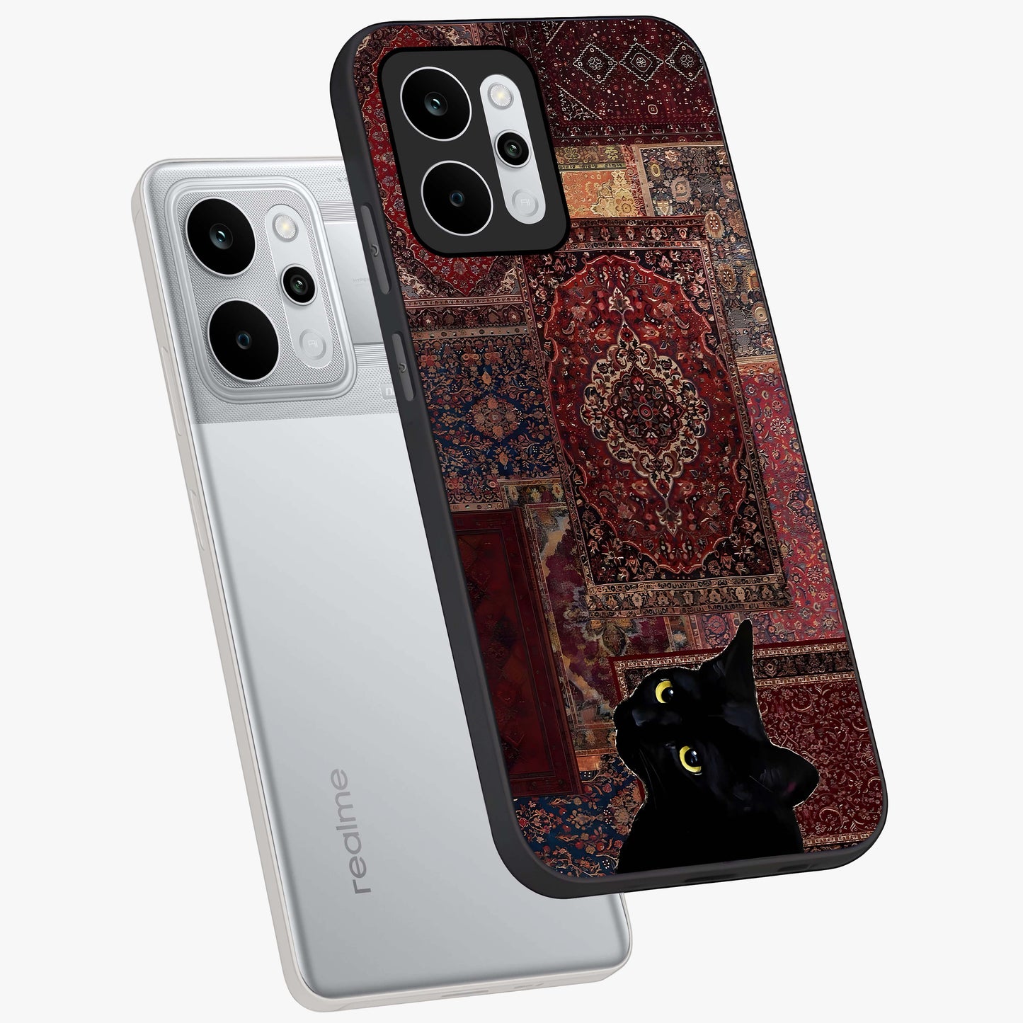 Regal Magic Cat Apple Glass Case displayed in angled mockup highlighting whimsical feline design with fantasy aesthetic.