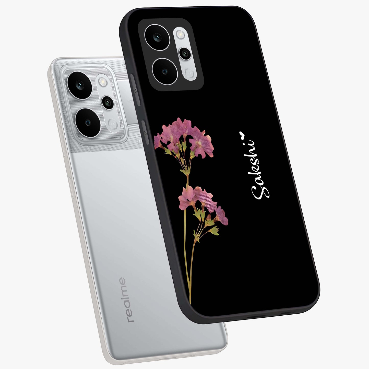 Riching Lavender Flower Custom Name Glass Case displayed in angled mockup highlighting delicate lavender flower design with custom name feature.